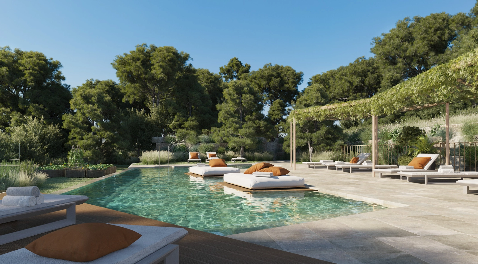 Det fælles poolområde er en fredelig oase, omgivet af frodigt grønt for ultimativ ro.