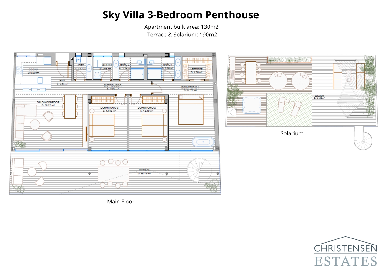 Denne Sky Villa penthouseplan viser den store hovedetage og det storslåede tagterrasse-solarium, der tilbyder ultimativ privatliv og spektakulær udsigt.