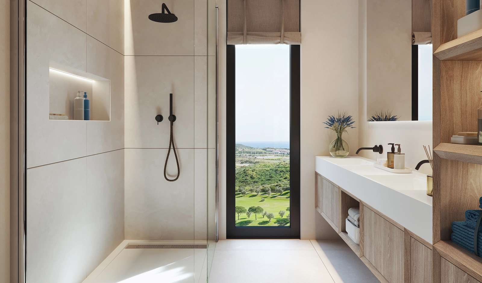 Dit badeværelse tilbyder et roligt, spa-inspireret rum med blødt lys og afslappende udsigt over Cerrado de Aguila Golf Club.