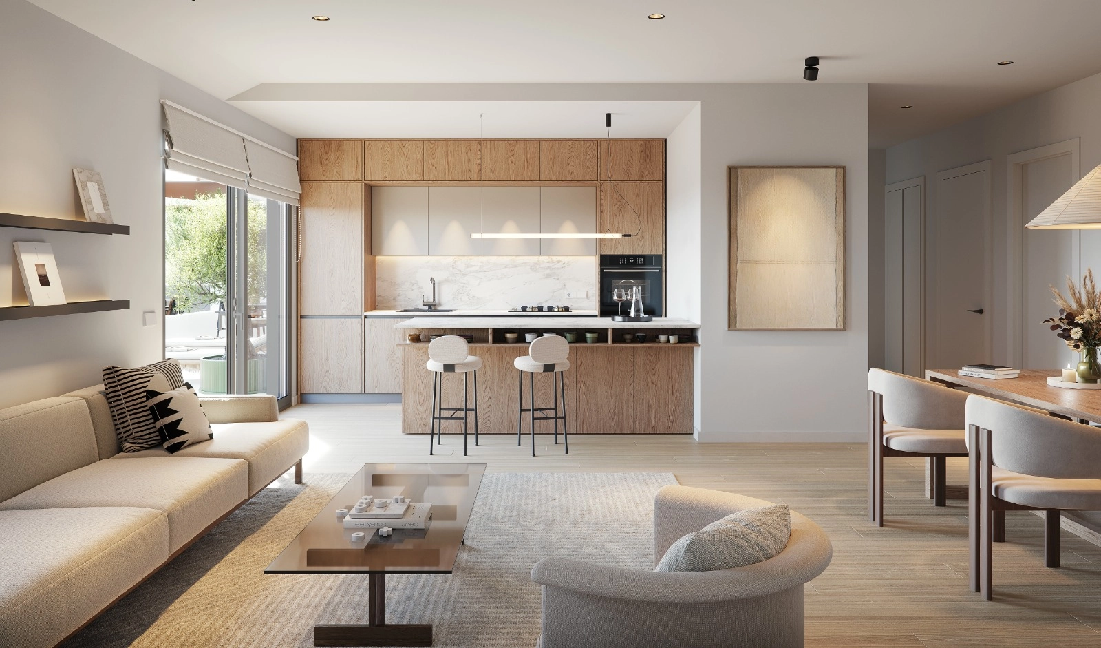 Det åbne køkken og stueområde skaber en flydende overgang for moderne livsstil og underholdning.