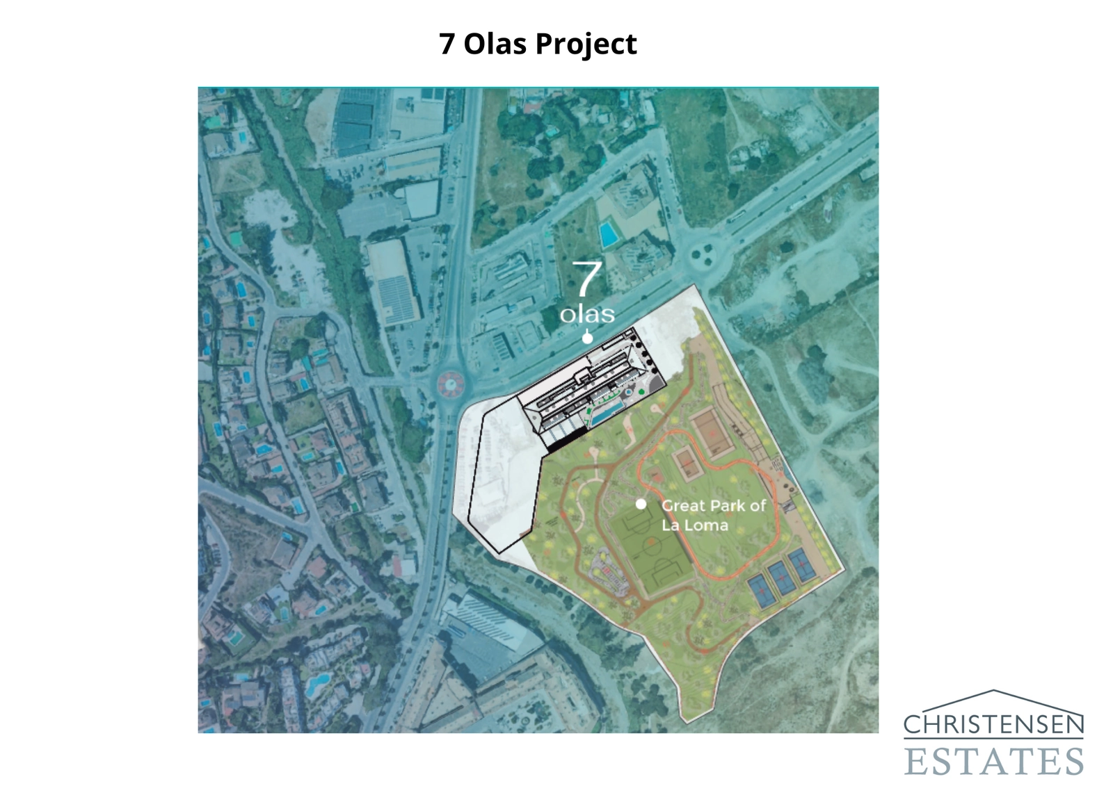 Situationsplan, der viser projektets førsteklasses beliggenhed ved siden af den omfattende La Loma Park.