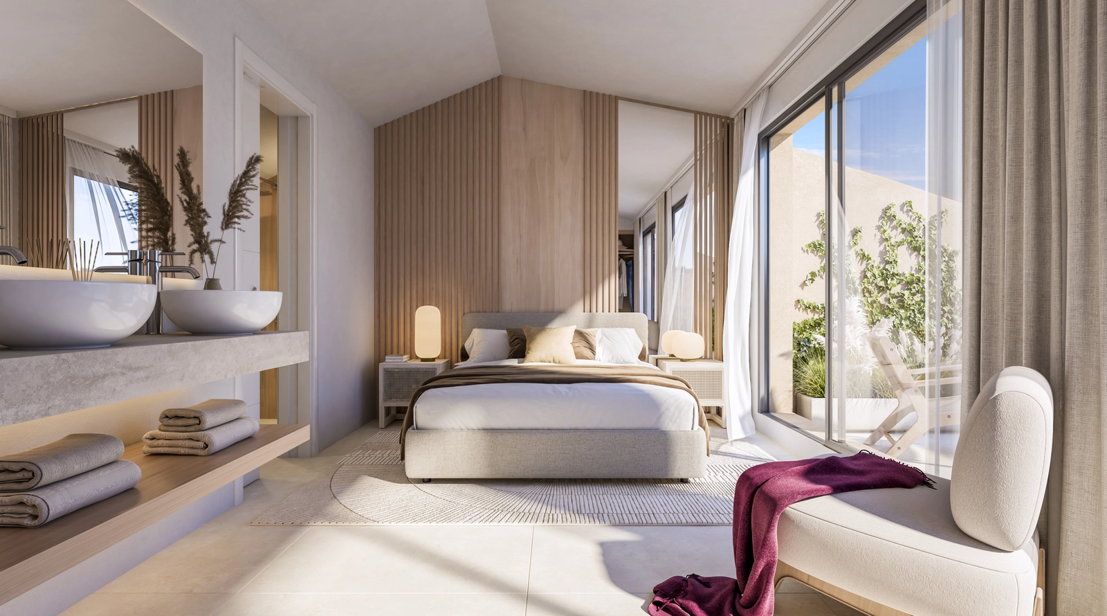 Master-suiten, et fredeligt tilflugtssted med åbent badeværelse og direkte adgang til en privat terrasse.