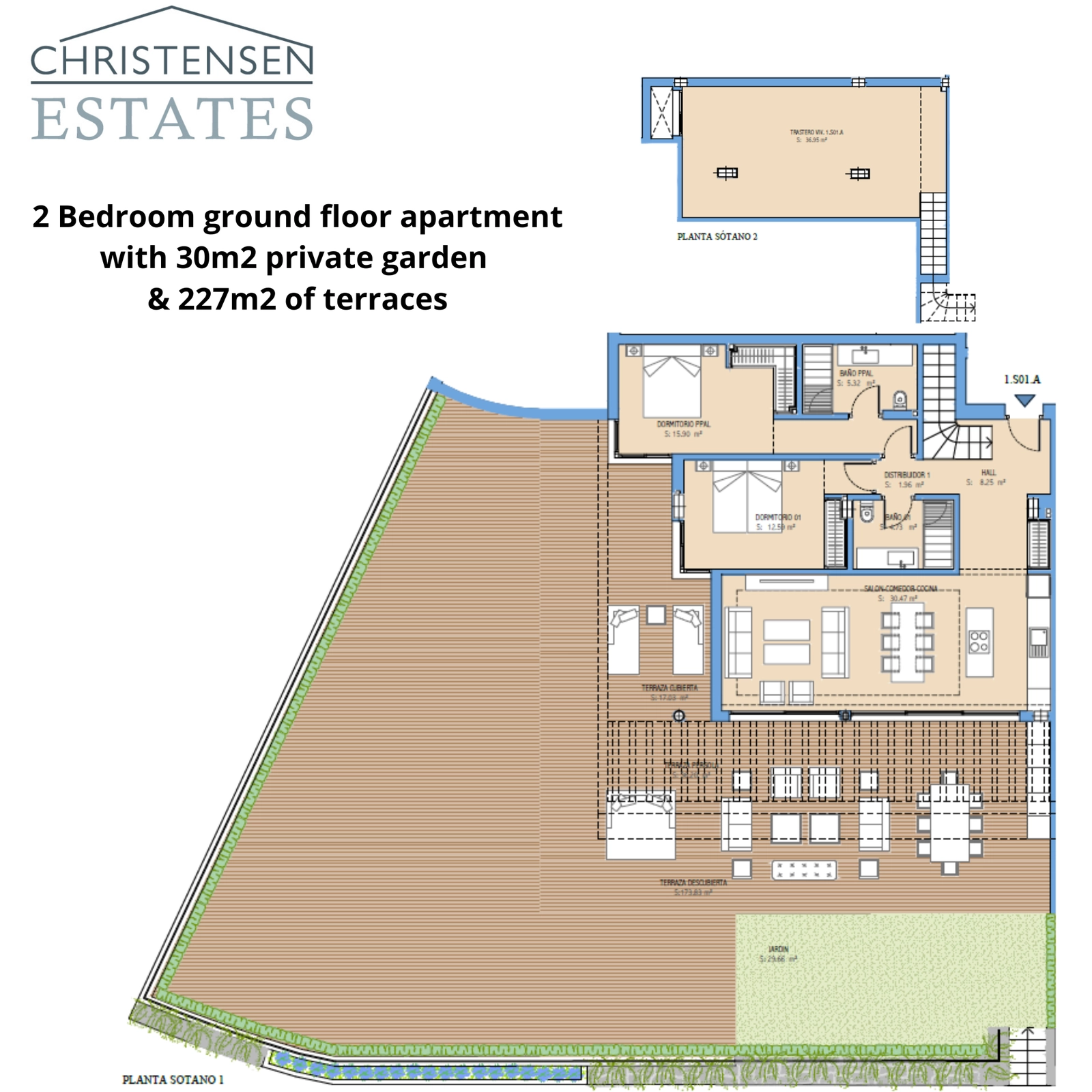 Denne rummelige lejlighed i stueetagen med to soveværelser har en usædvanligt stor terrasse og privat have, der udvider dit opholdsrum udendørs.