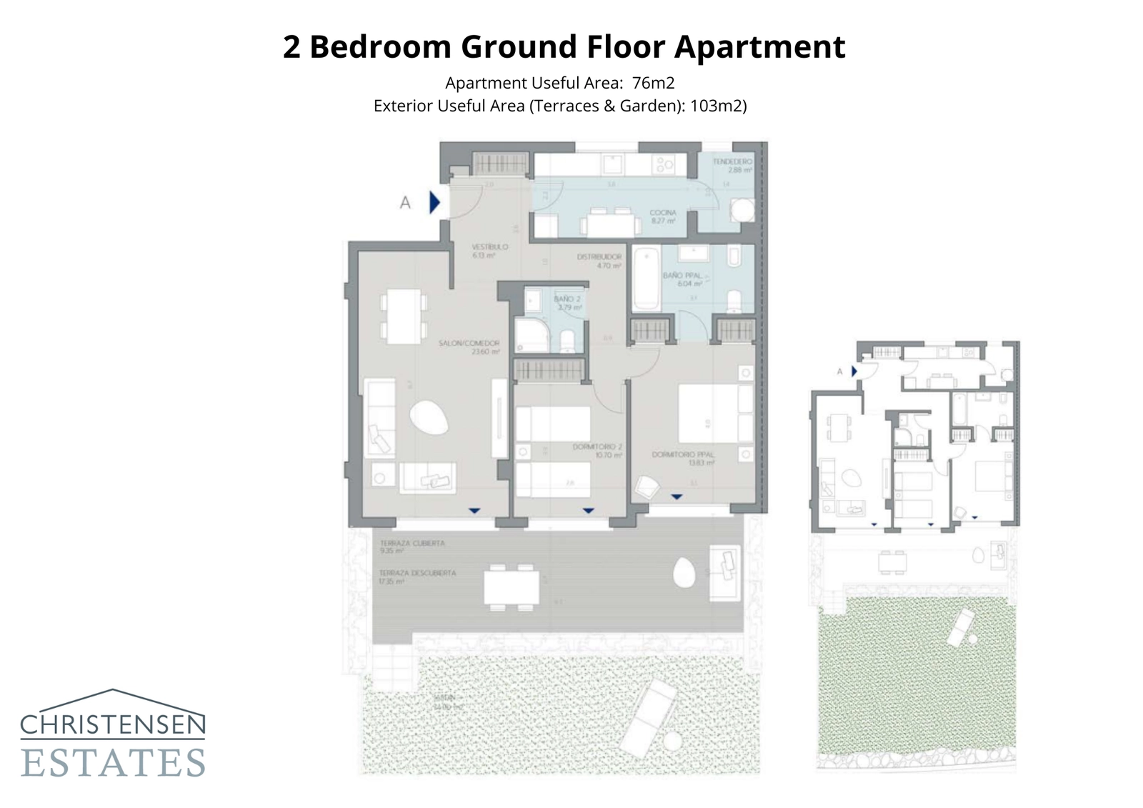 Indretningen for denne stuelejlighed med to soveværelser inkluderer en generøs have og terrasse, der udvider opholdsrummet udendørs.