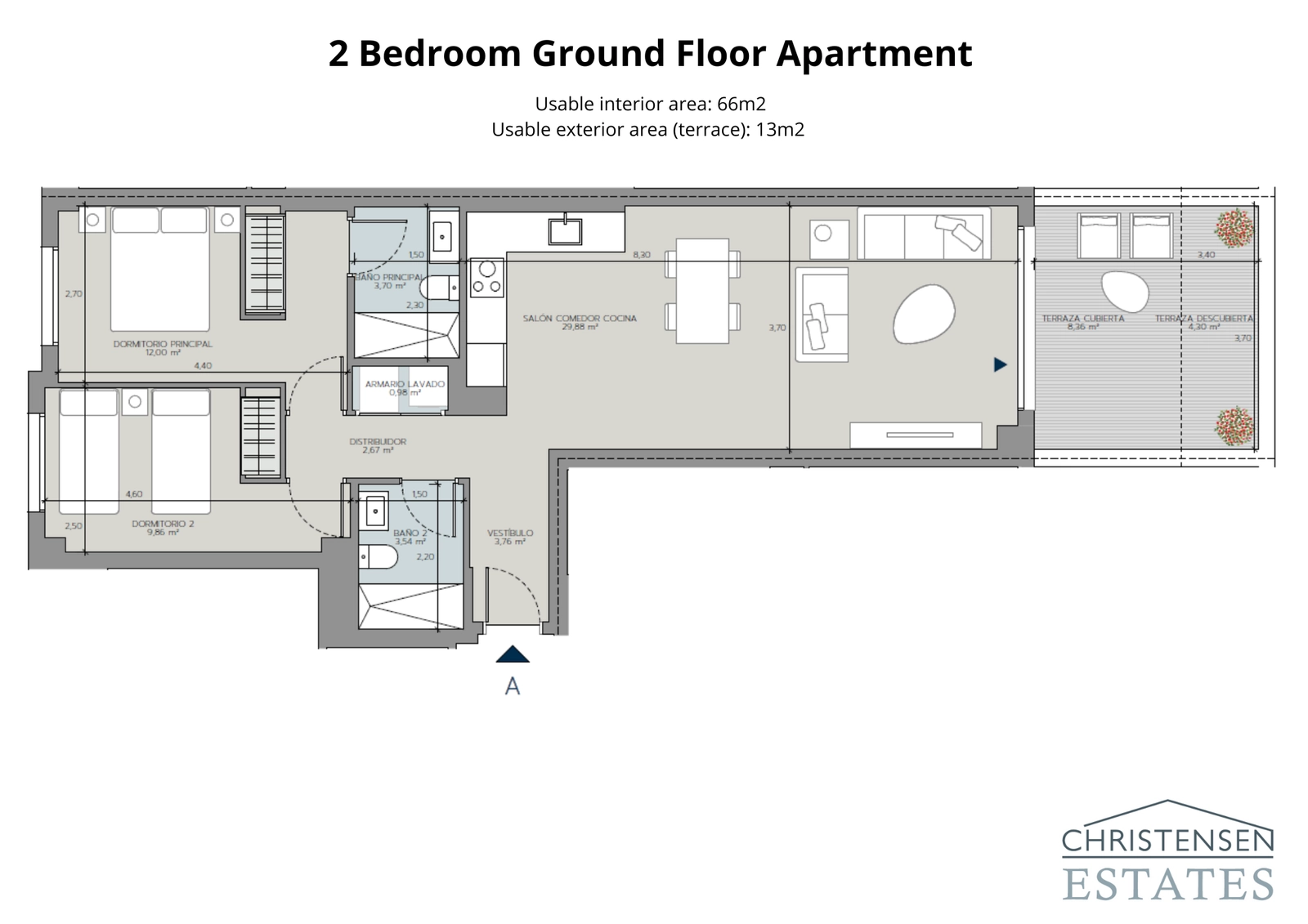 Denne toværelses stuelejlighed har en generøs terrasse, der udvider opholdsrummet udendørs for en afslappet livsstil.