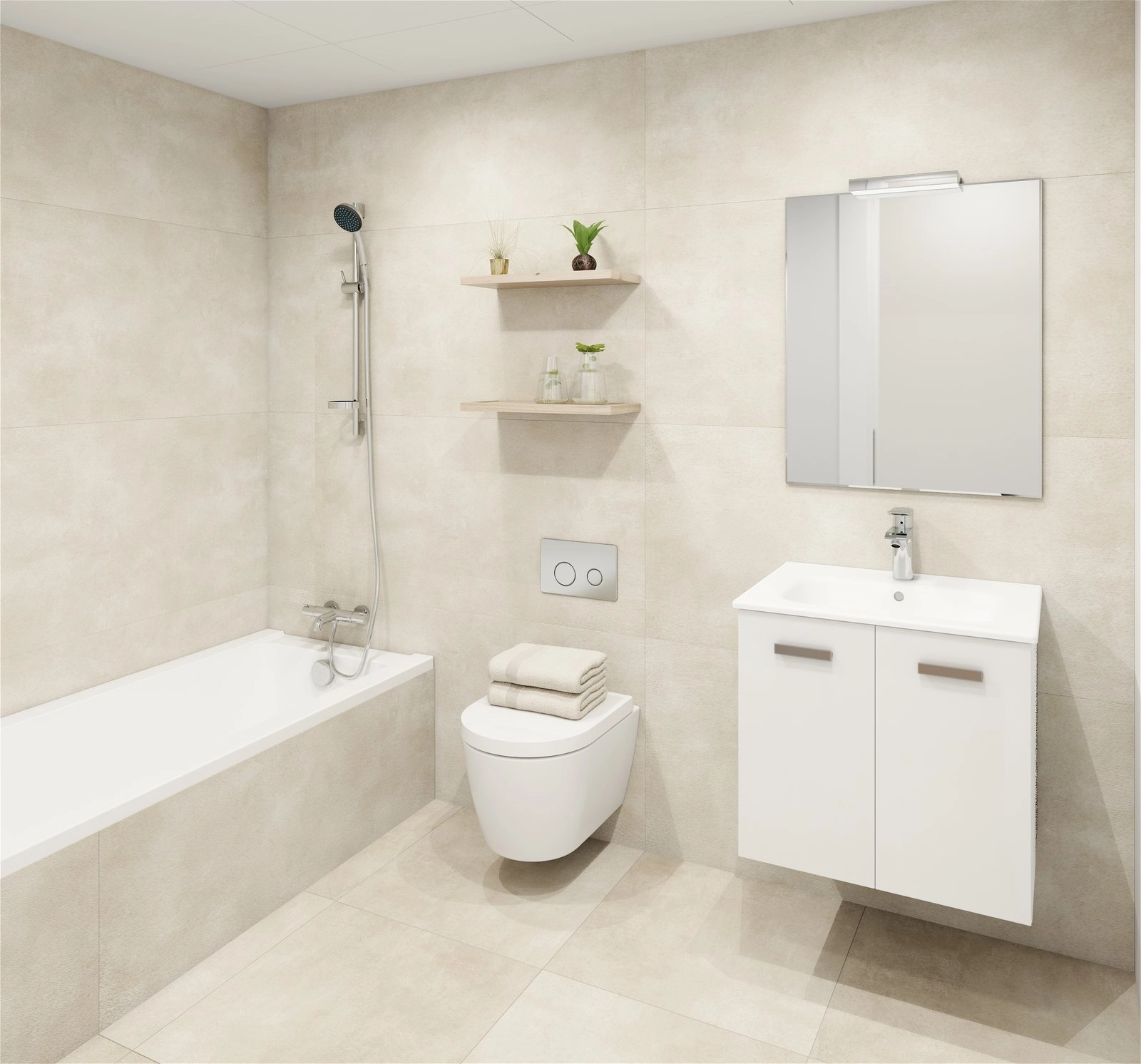 Et velindrettet andet badeværelse med badekar i fuld størrelse og moderne armaturer.