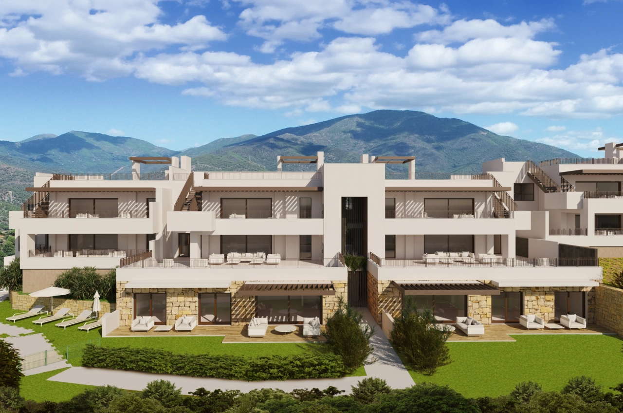 Bygningens rene linjer, suppleret med frodige, anlagte haveområder for beboerne.