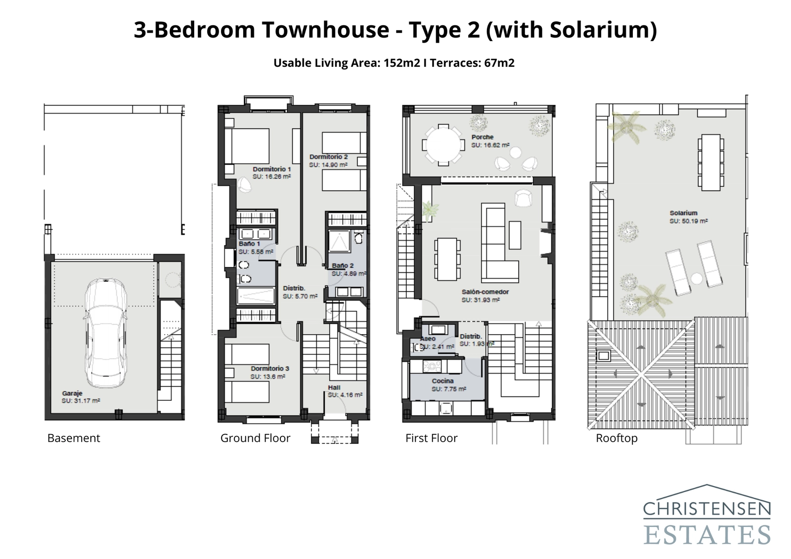 En fremragende boligindretning i fire niveauer, inklusiv en kældergarage, tre soveværelser, et åbent opholdsområde og et stort tagterrasse-solarium, perfekt til at nyde solen og udsigten.