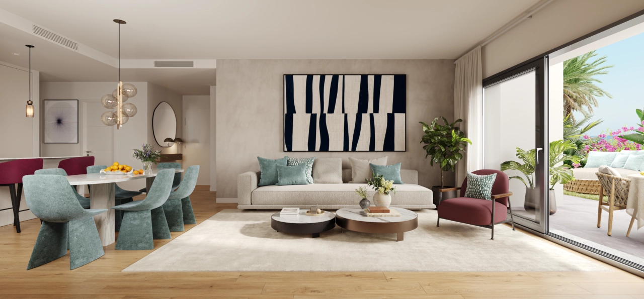 Den elegante stue er designet til komfort og stil, med store vinduer, der giver rigeligt naturligt lys.