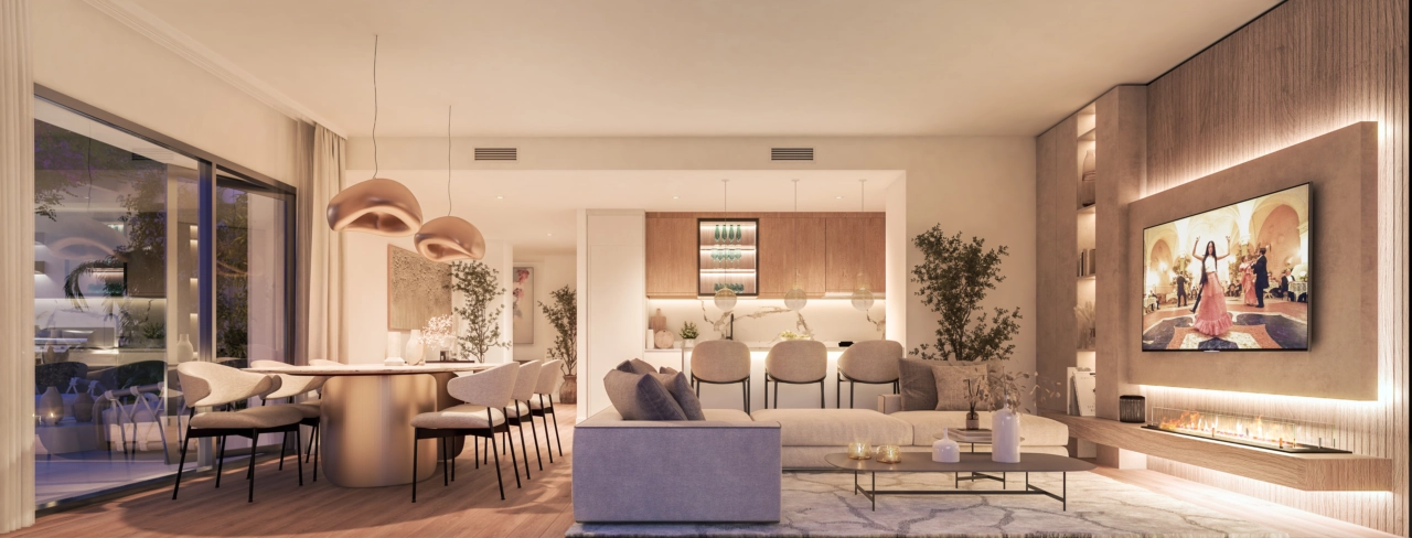 Opholdsområdet om aftenen, et varmt og indbydende rum for komfort og afslapning.