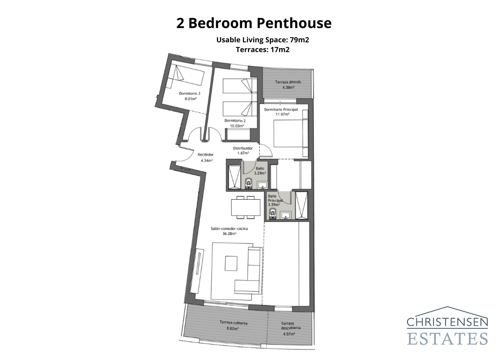 En penthouse-plantegning med to soveværelser, designet til en premium livsstil, med generøse opholdsrum og flere terrasser, hvor man kan nyde det behagelige klima på Costa del Sol.