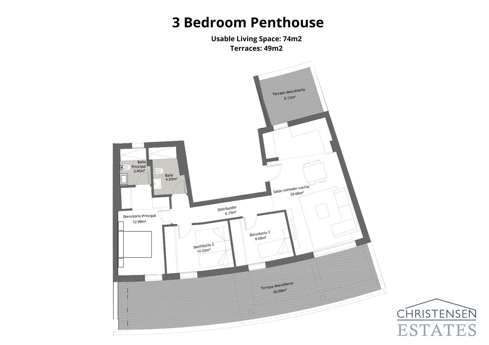 Denne rummelige penthouse med tre soveværelser tilbyder en enestående boligoplevelse, med et imponerende stort terrasseområde, perfekt til underholdning og afslapning.