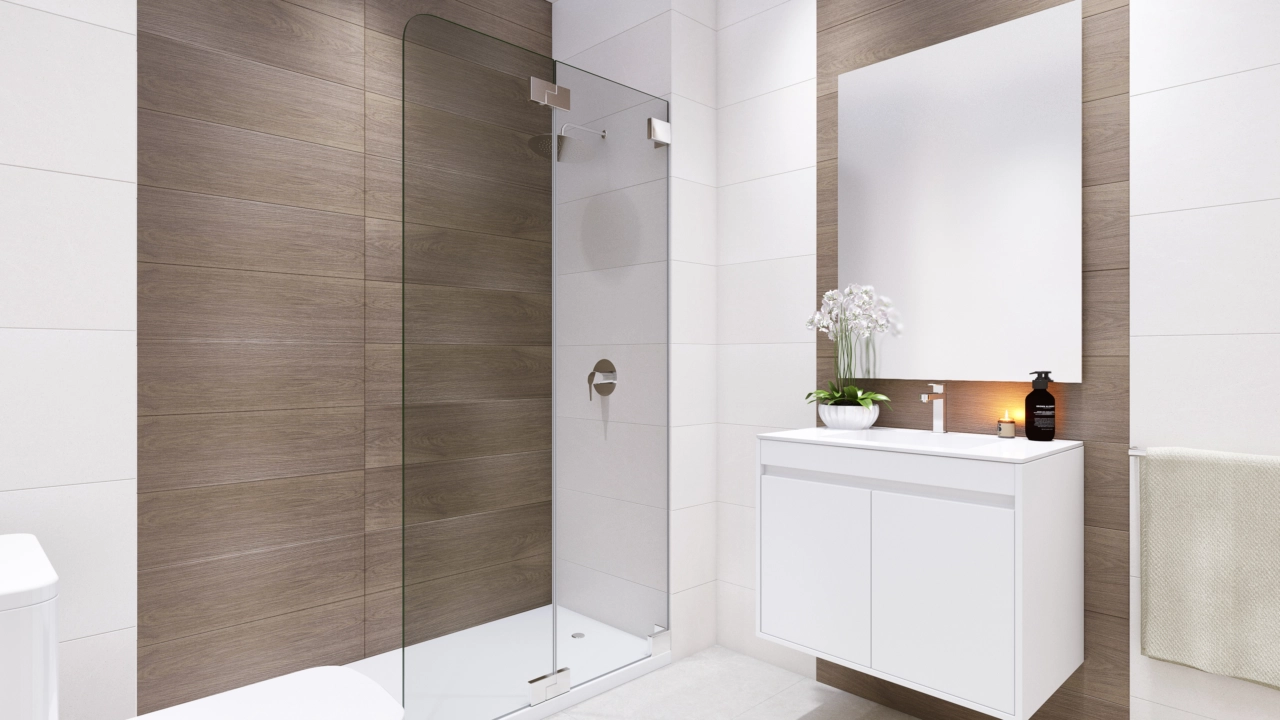 Et elegant og moderne badeværelse med materialer af høj kvalitet og et rent, elegant design.