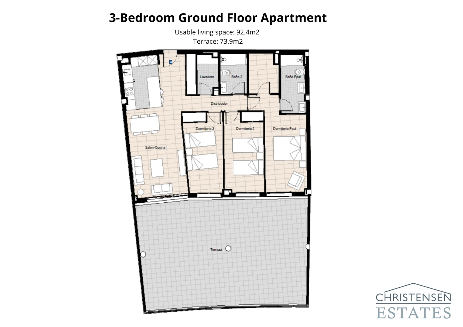 Et rummeligt treværelses stueplansdesign med en usædvanligt stor terrasse, perfekt til en indendørs-udendørs livsstil.