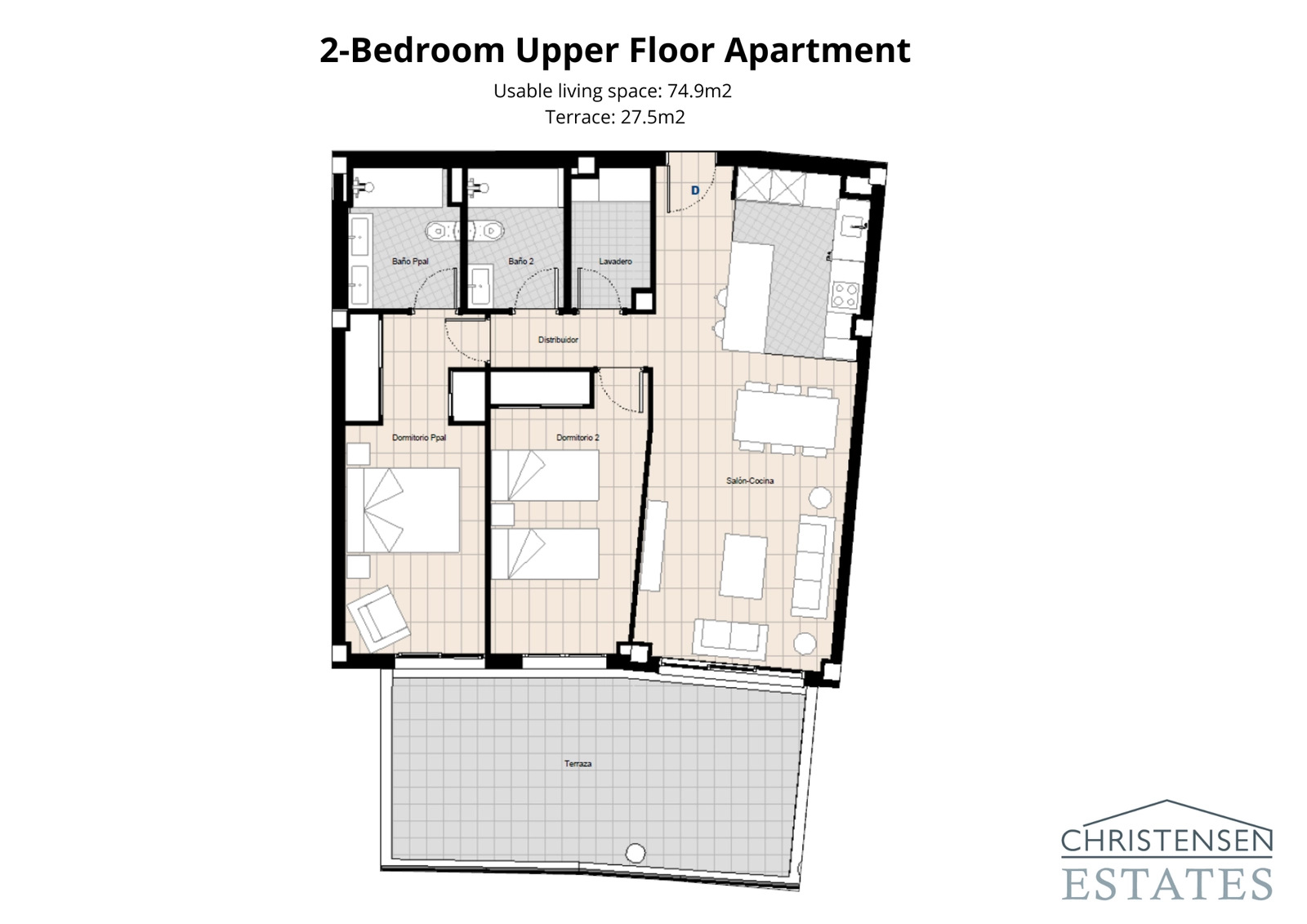 Det veludformede layout for denne toværelses lejlighed på øverste etage maksimerer pladsen og tilbyder fantastisk udsigt fra terrassen.
