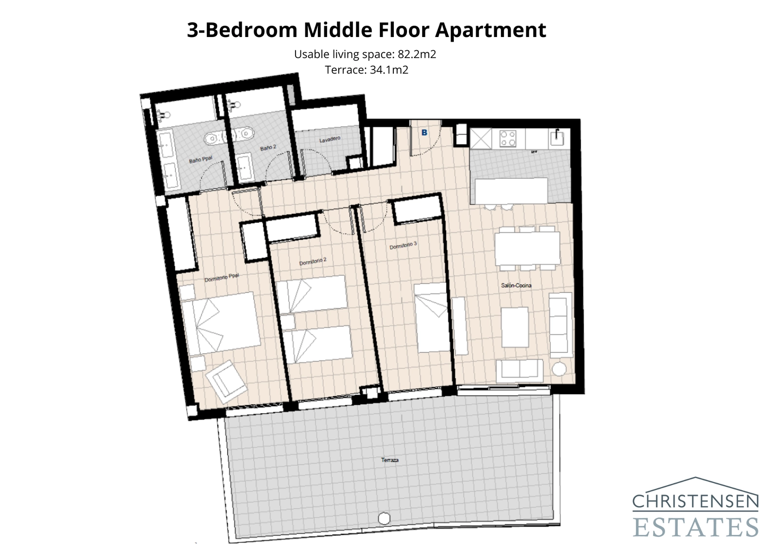 Denne treværelses lejlighed på mellemetagen tilbyder en rummelig og praktisk indretning med en generøs terrasse til at nyde klimaet.