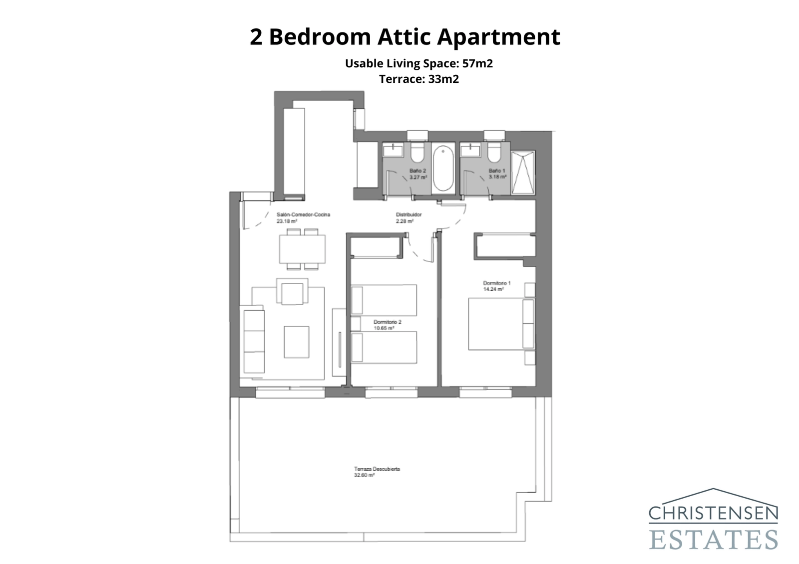 Den toværelses taglejlighed inkluderer en storslået terrasse til at nyde solen og udsigten.