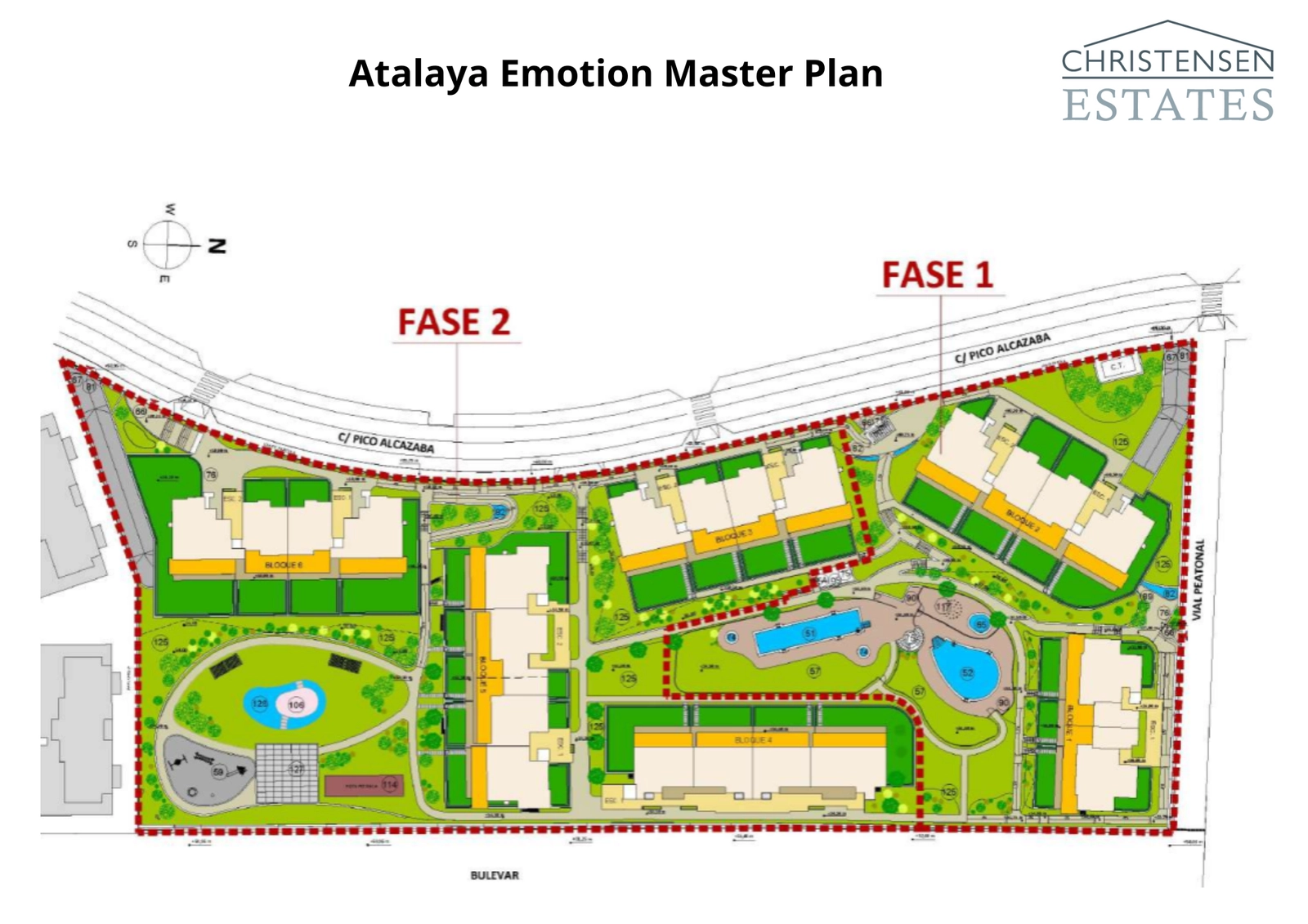 Denne masterplan illustrerer den gennemtænkte indretning af bebyggelsen, der viser de omfattende grønne områder og fællesfaciliteter.
