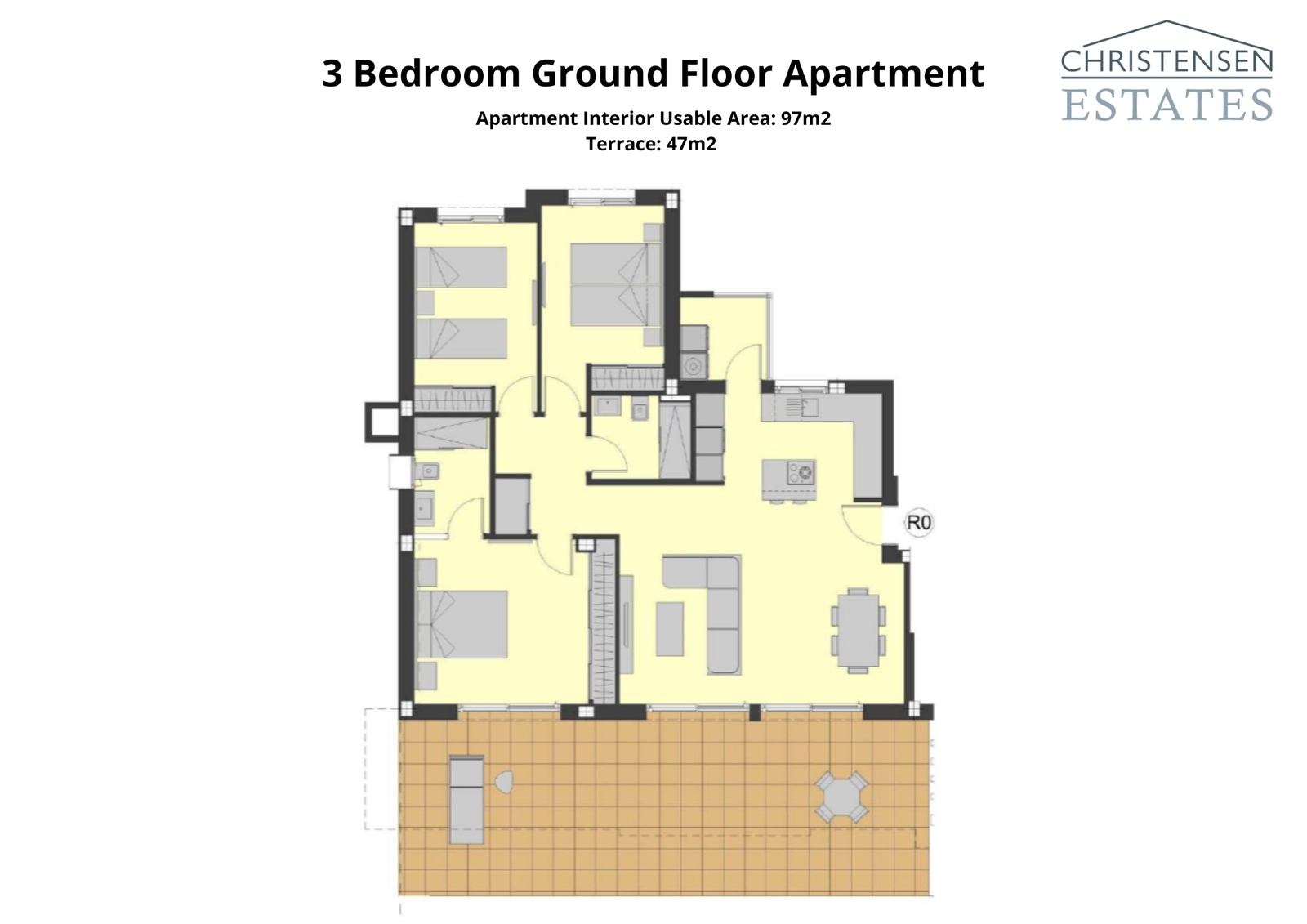 En rummelig tre-værelses indretning i stueetagen, med generøse interiører, der forbinder til en stor terrasse for en fremragende indendørs-udendørs livsstil.