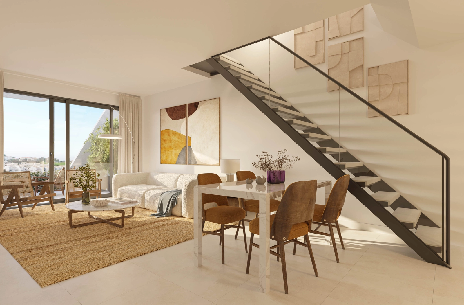 De stilfulde duplexlejligheder har dobbeltloftshøjde og moderne designelementer.