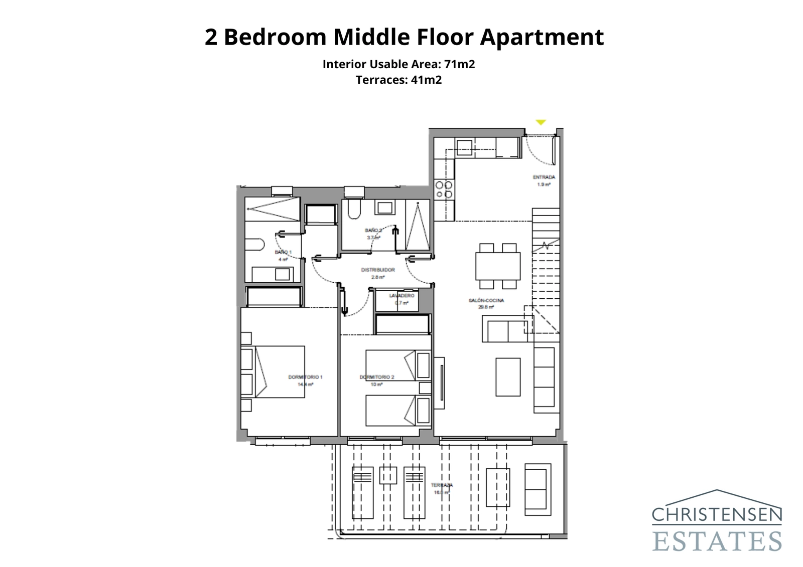 Plantegning for toværelses lejlighed, designet til komfort med en rummelig terrasse til at nyde Costa del Sols klima.