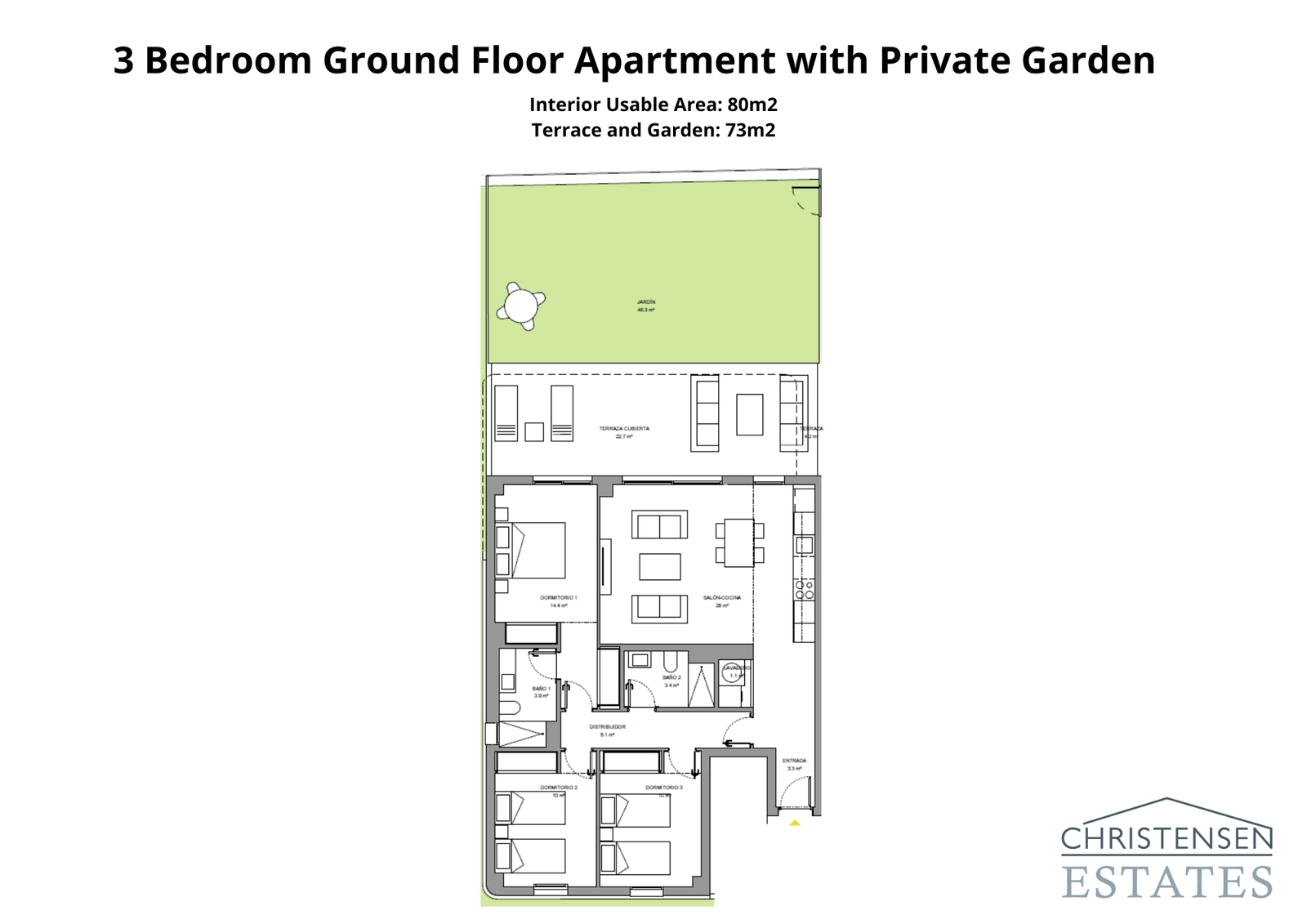 Tre-værelses stuelejlighed med rummeligt interiør forbundet til en stor terrasse og privat have, perfekt til udendørsliv.
