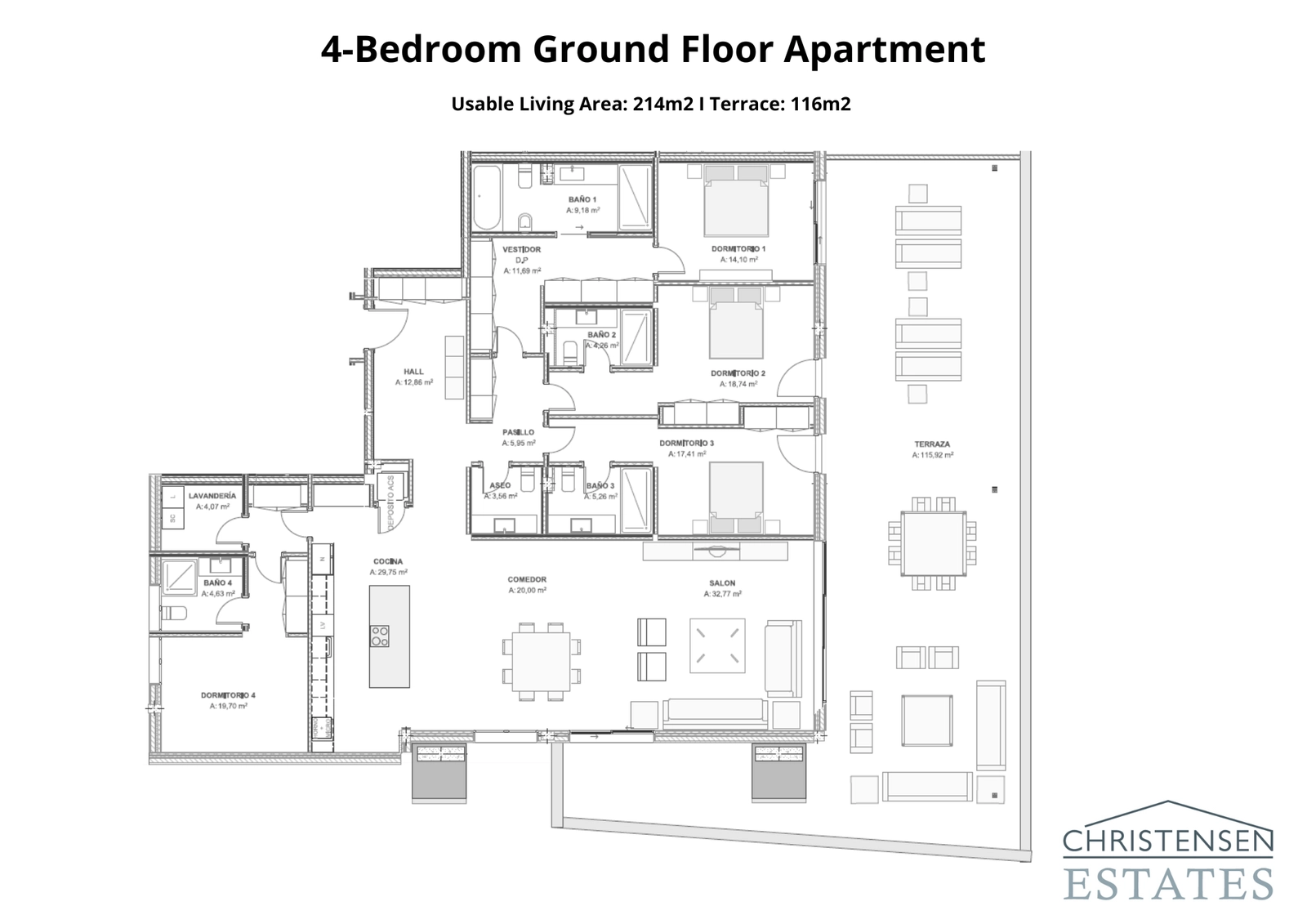 En storslået stueetageindretning med fire soveværelser og omfattende opholdsrum, der fører ud til en meget stor terrasse, ideel til familier og underholdning.