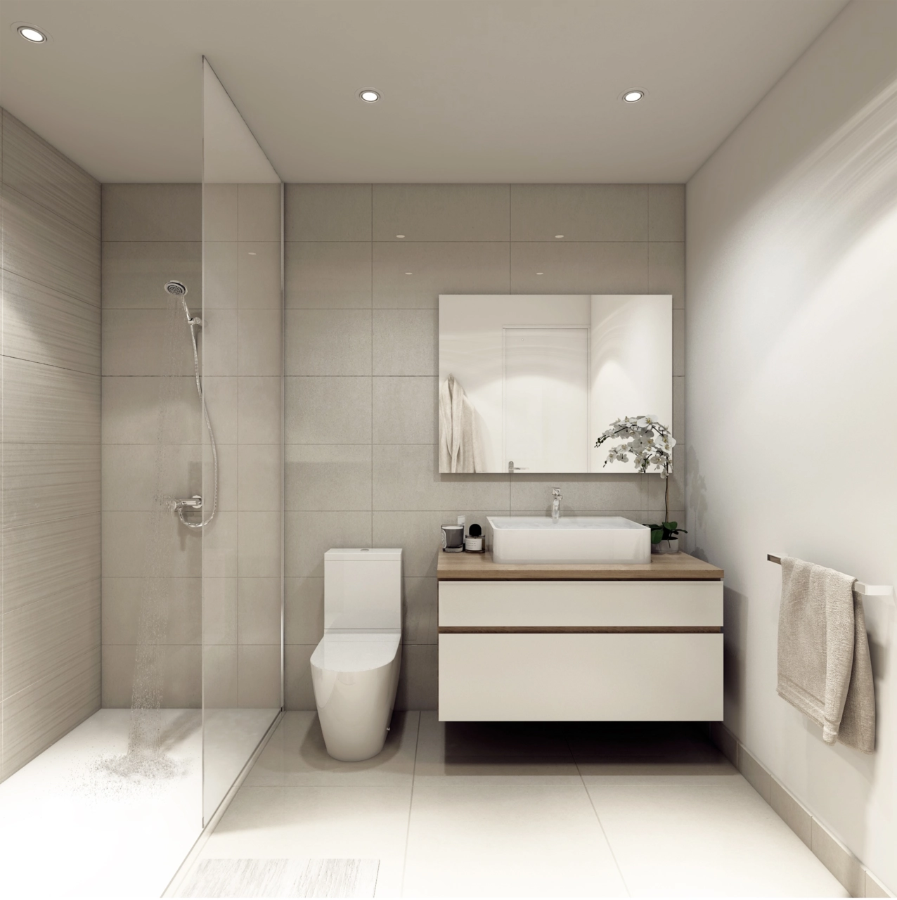 Et moderne badeværelse med finish af høj kvalitet og et rent, elegant design.