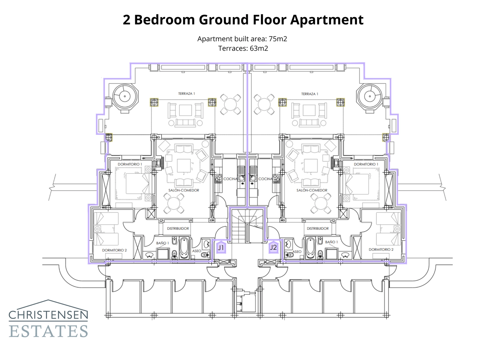 Plantegning for en to-værelses stueetageslejlighed, der fremhæver den rummelige terrasse, der udvider opholdsområdet udendørs.