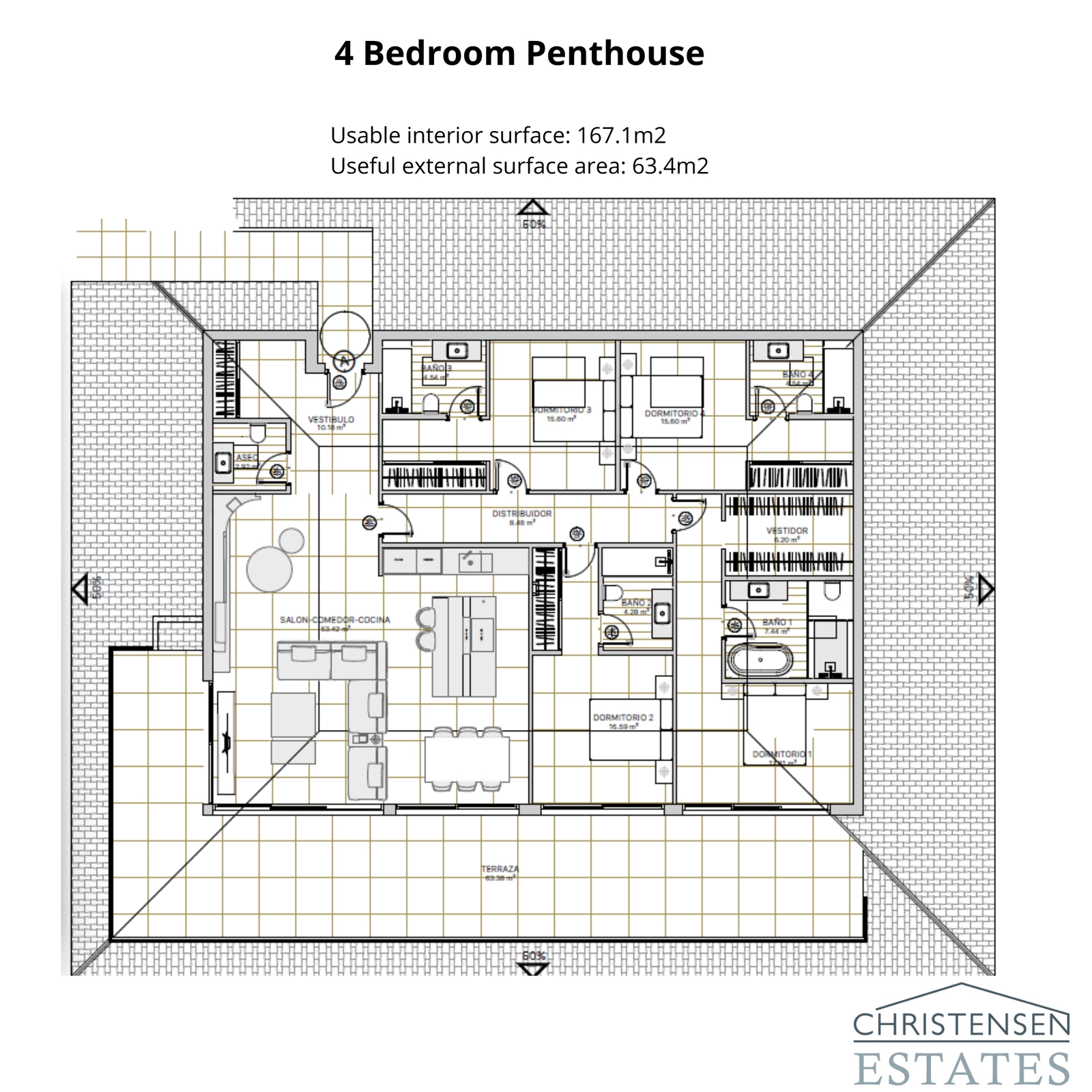 Den eksklusive fire-værelses penthouse-planløsning tilbyder rummelige interiører og en stor terrasse for den ultimative luksuslivsstil.