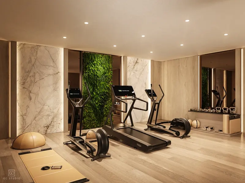 Et privat, fuldt udstyret wellnessområde til at opretholde din fitnessrutine derhjemme.