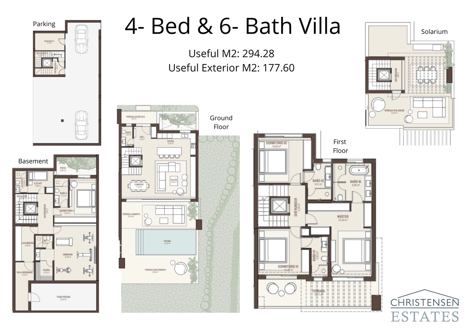 Denne layout i flere niveauer viser den intelligente fordeling af plads, fra den private underjordiske garage til tagterrassens solarium, hvilket sikrer privatliv og komfort på hver etage.