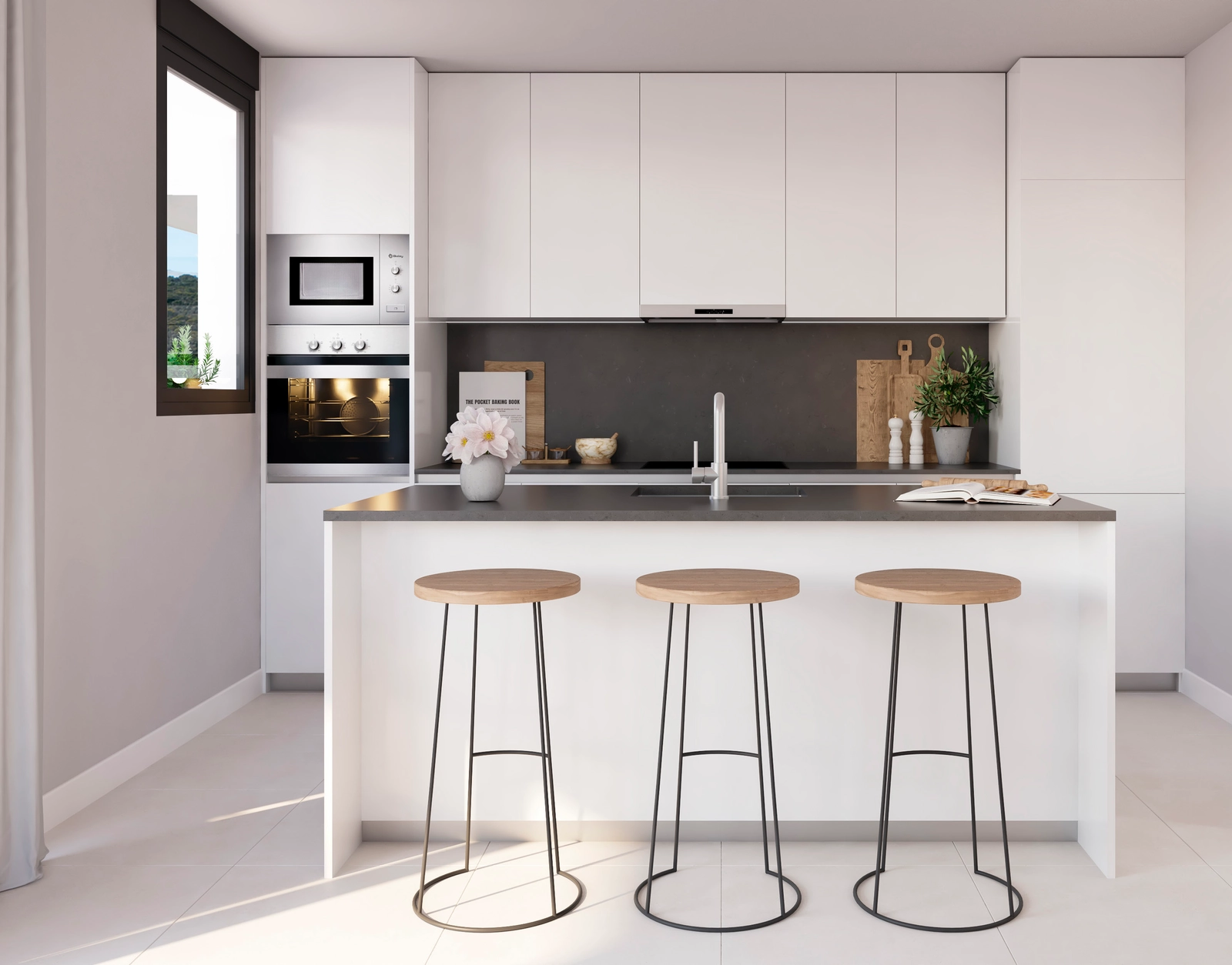 Moderne, åbne køkkener er fuldt udstyret med energieffektive hårde hvidevarer af høj kvalitet.