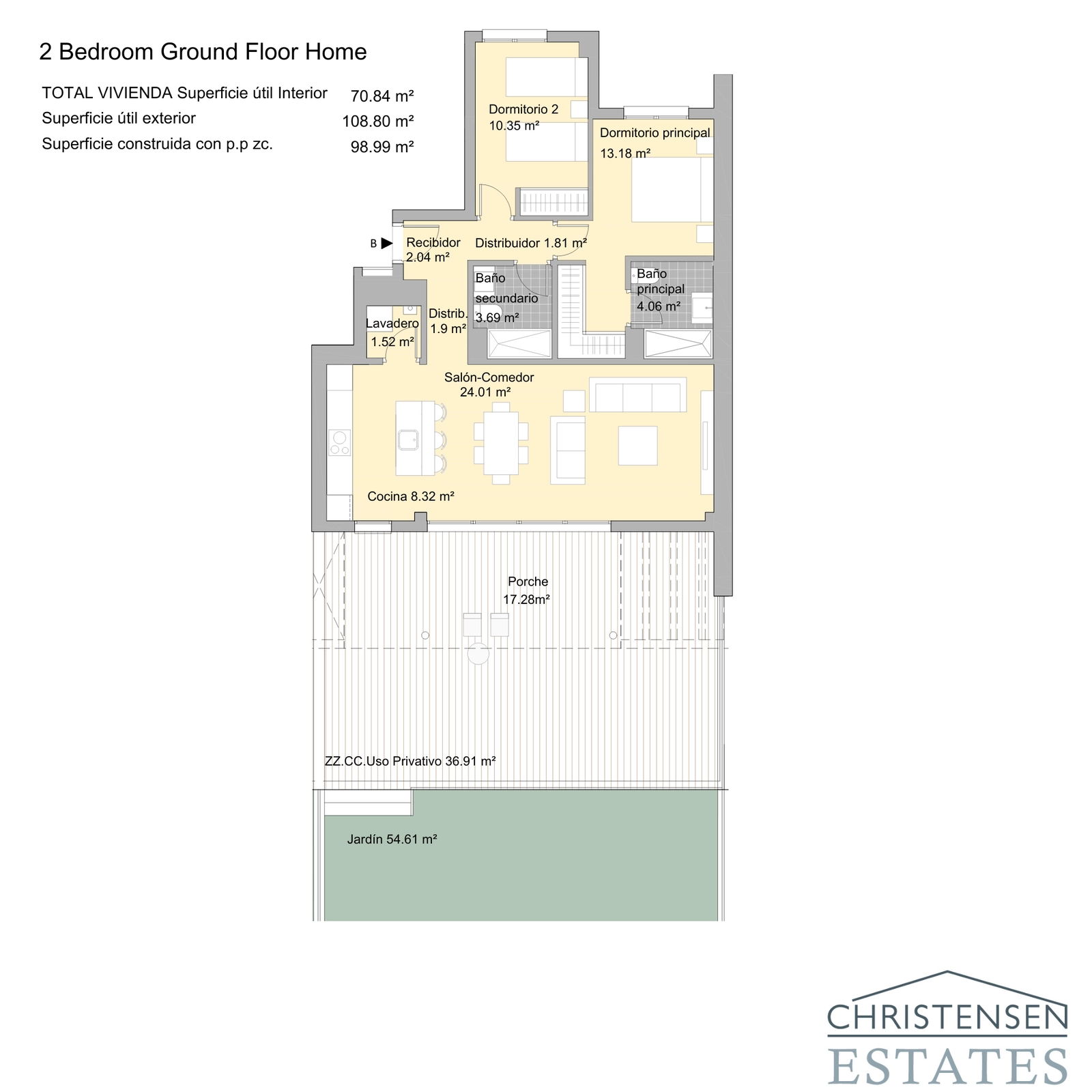 Plantegningen med to soveværelser har en smart indretning med et åbent opholdsområde, der forbinder til en rummelig veranda og privat have.