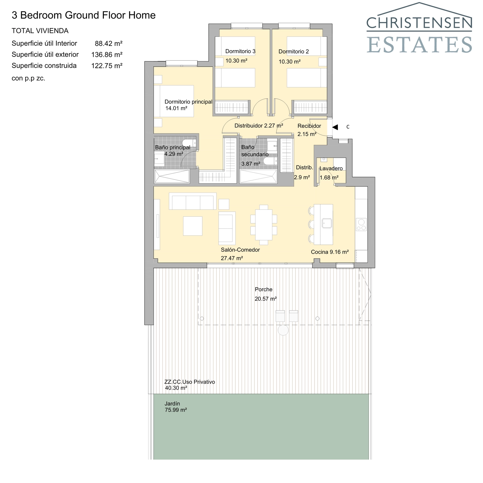 Denne indretning med tre soveværelser tilbyder rigelig plads til familier, med et generøst opholds- og spiseområde og direkte adgang til en privat veranda og have.