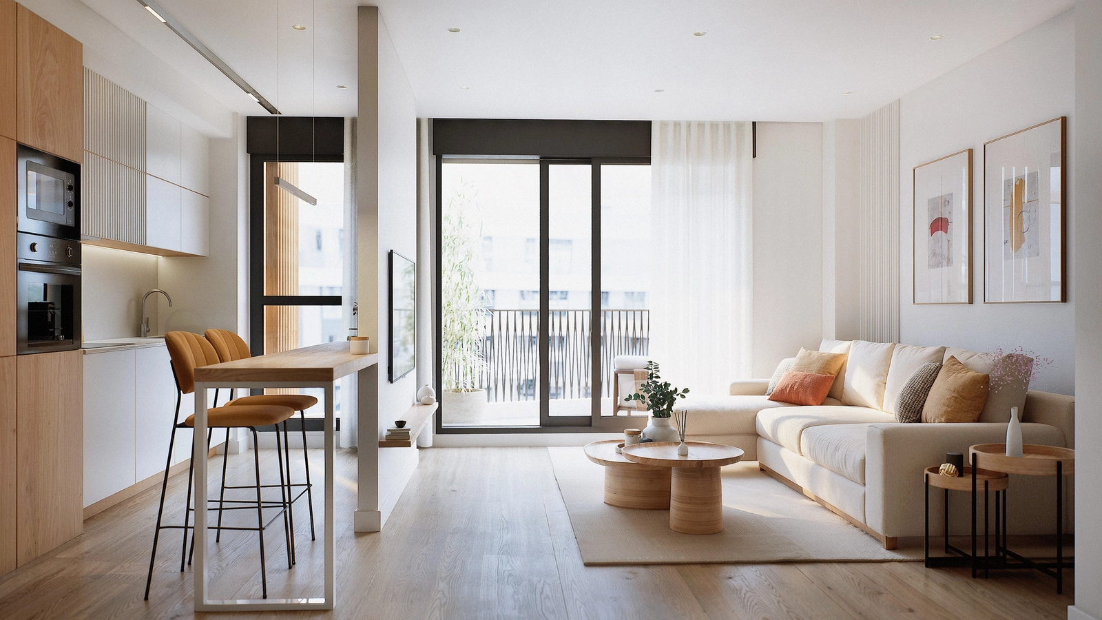 Et åbent opholdsrum, hvor det moderne køkken, spisepladsen og stuen flyder sammen og skaber en følelse af rum og lys.