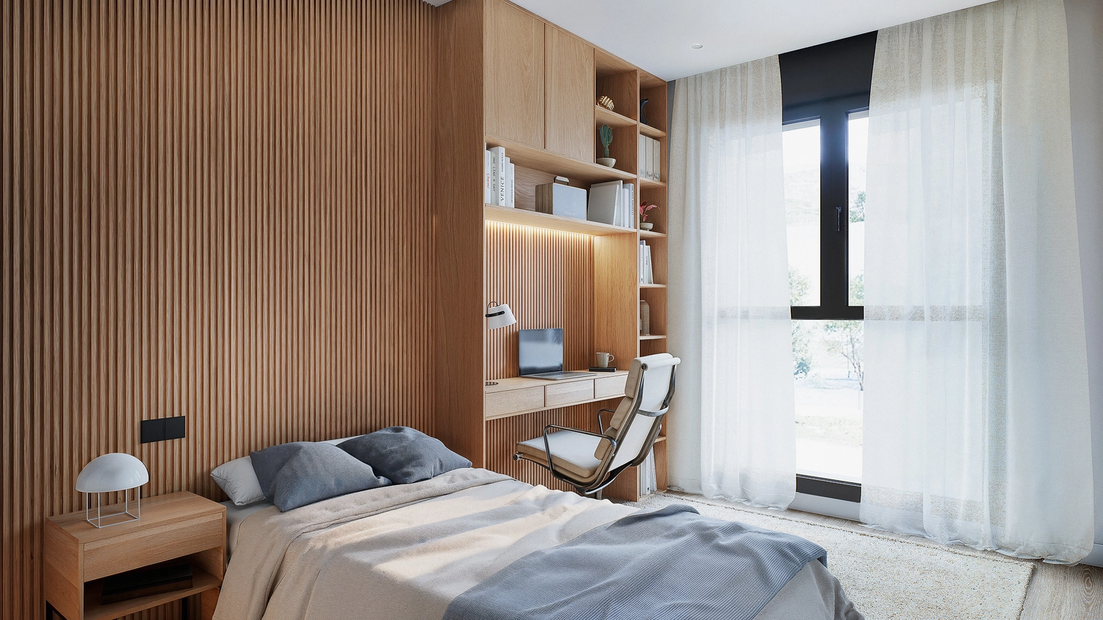 Et velindrettet andet soveværelse, komplet med integreret skrivebord og opbevaring, perfekt til familie eller et hjemmekontor.