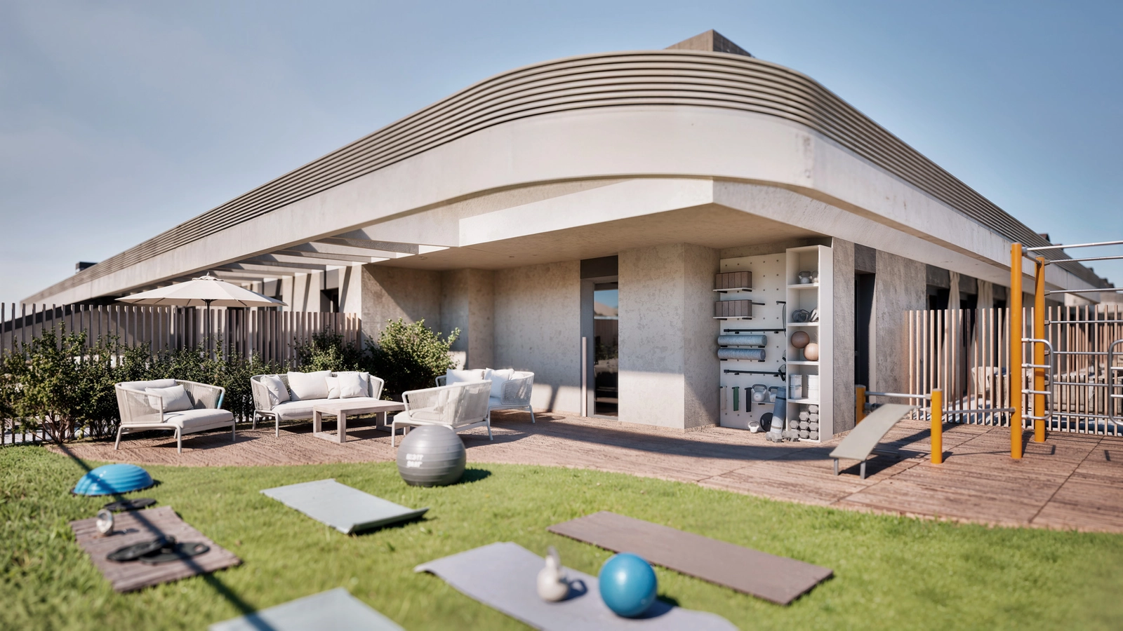 Tagets 'Flex Zone', et udendørs område til yoga og calisthenics, designet til sundhed og velvære.