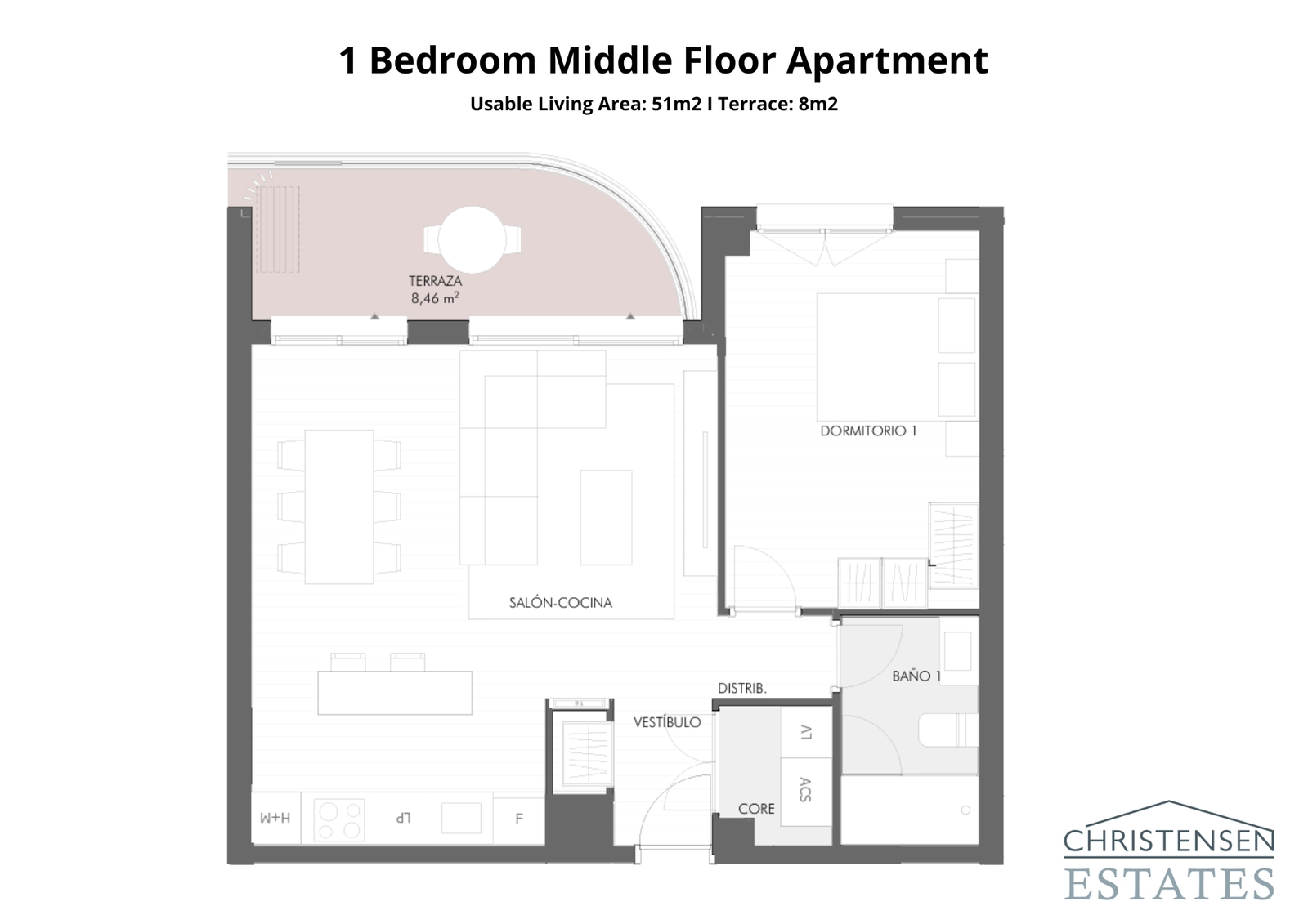 Plantegning over lejlighed med ét soveværelse, designet til moderne livsstil med effektiv pladsudnyttelse og en komfortabel privat terrasse.
