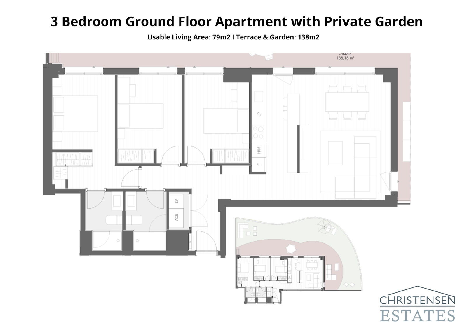 Plantegning over stuelejlighed med tre soveværelser, der tilbyder direkte adgang til en generøs terrasse og en privat have, der udvider opholdsrummet udendørs.