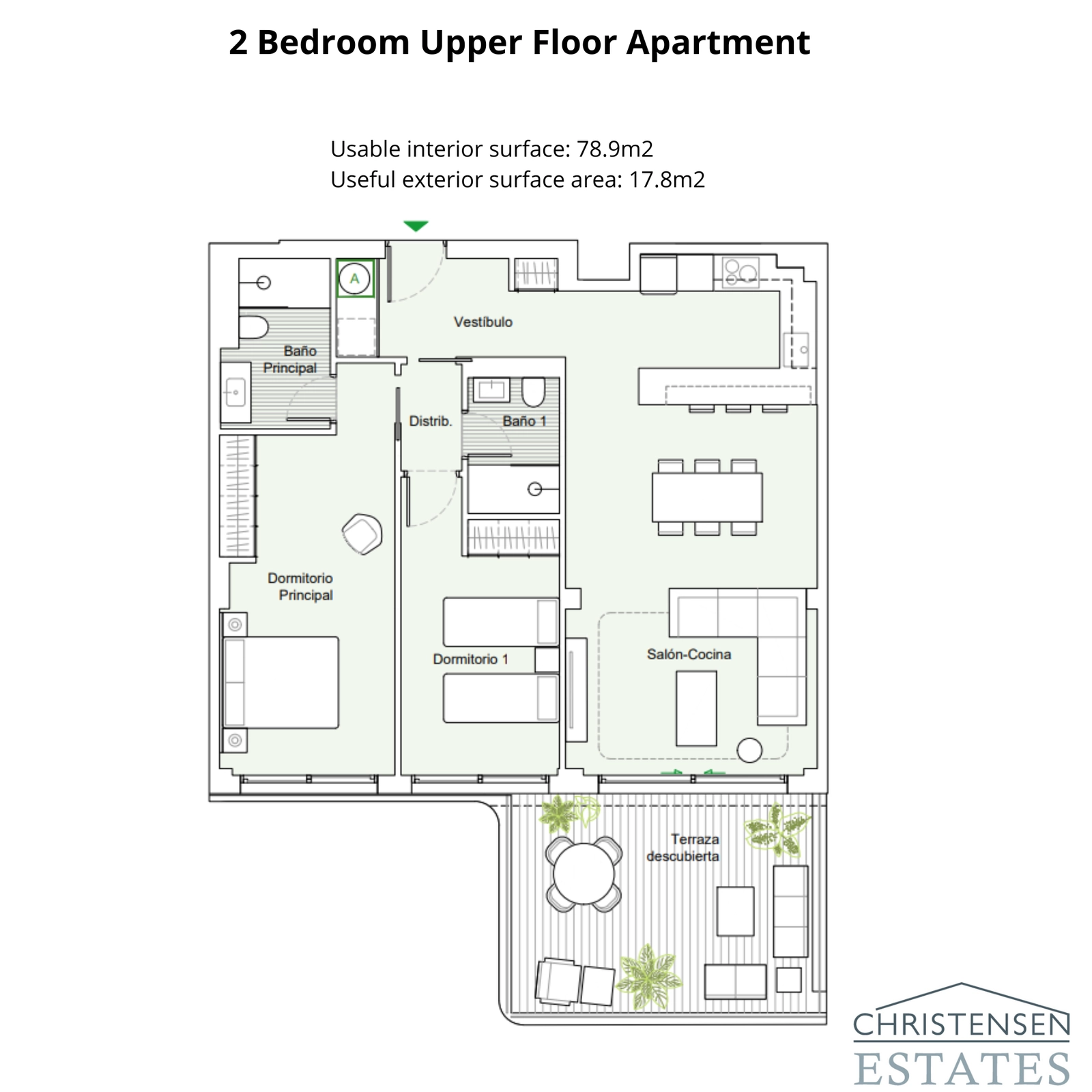 En elegant lejlighedsplan med to soveværelser, designet til at maksimere lys og udsigt fra terrassen.