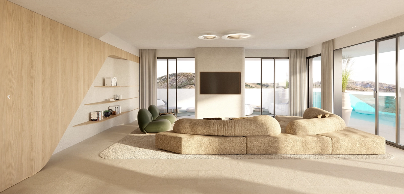 Interiøret byder på naturlige toner og teksturer, der skaber en varm og elegant atmosfære til afslapning eller underholdning.