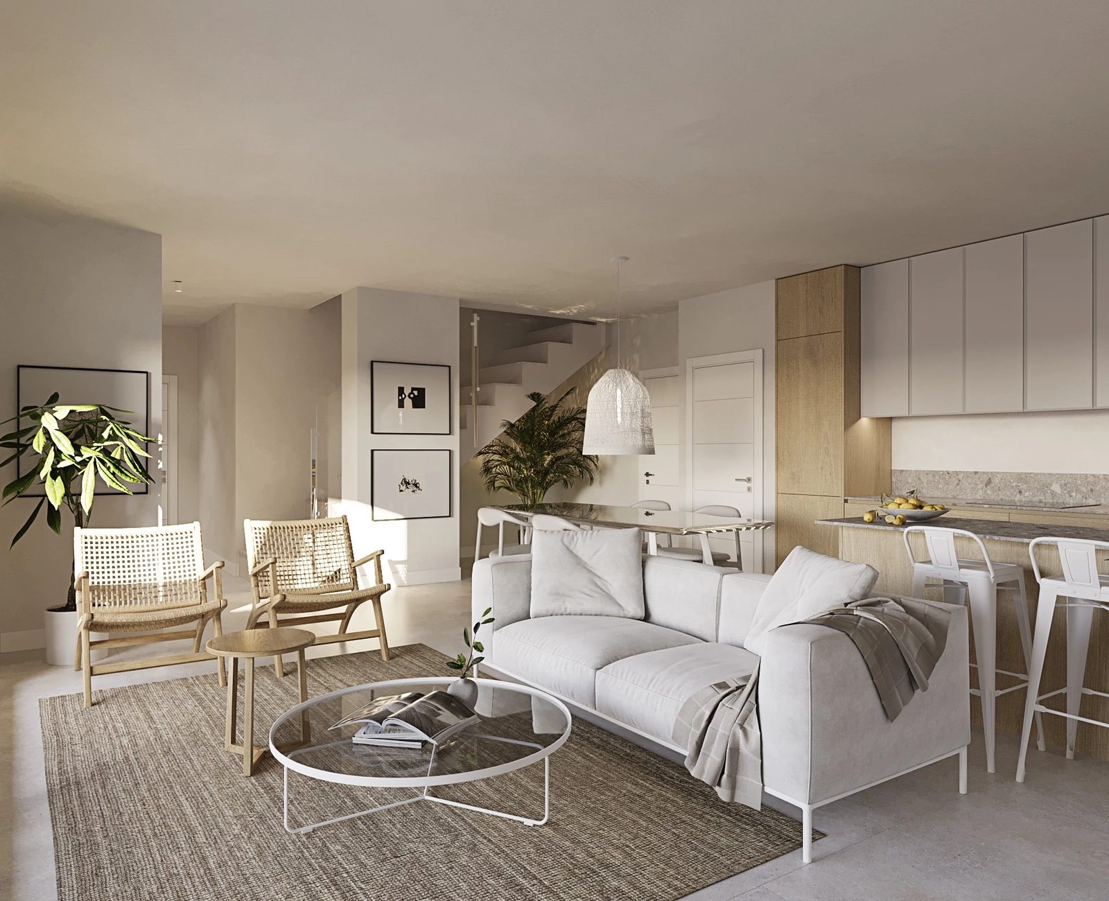 En lys og indbydende stue designet til komfort og moderne livsstil.