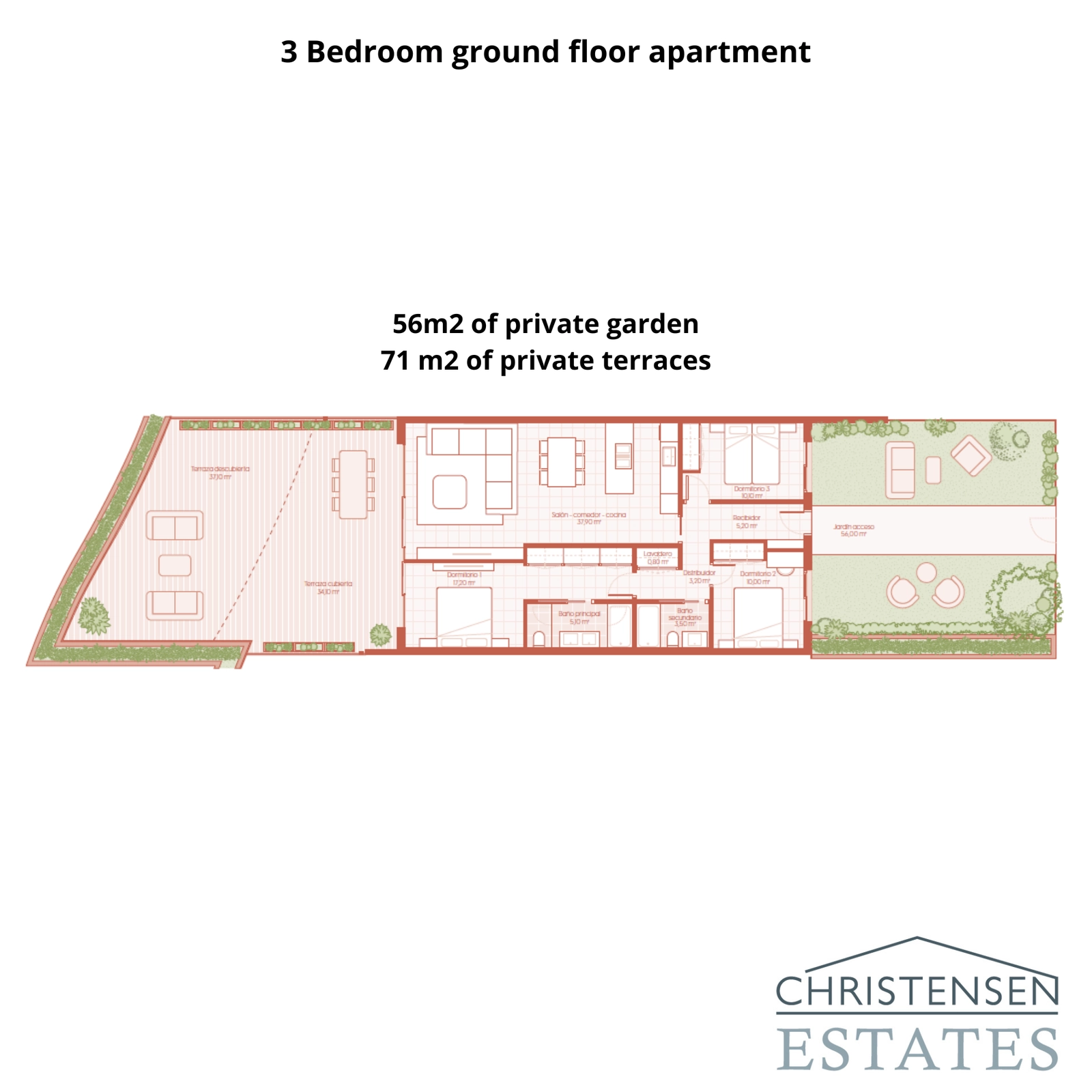 Denne stueetageindretning med tre soveværelser tilbyder rummelige interiører, der forbinder til en generøs terrasse og privat have, perfekt til udendørs liv.