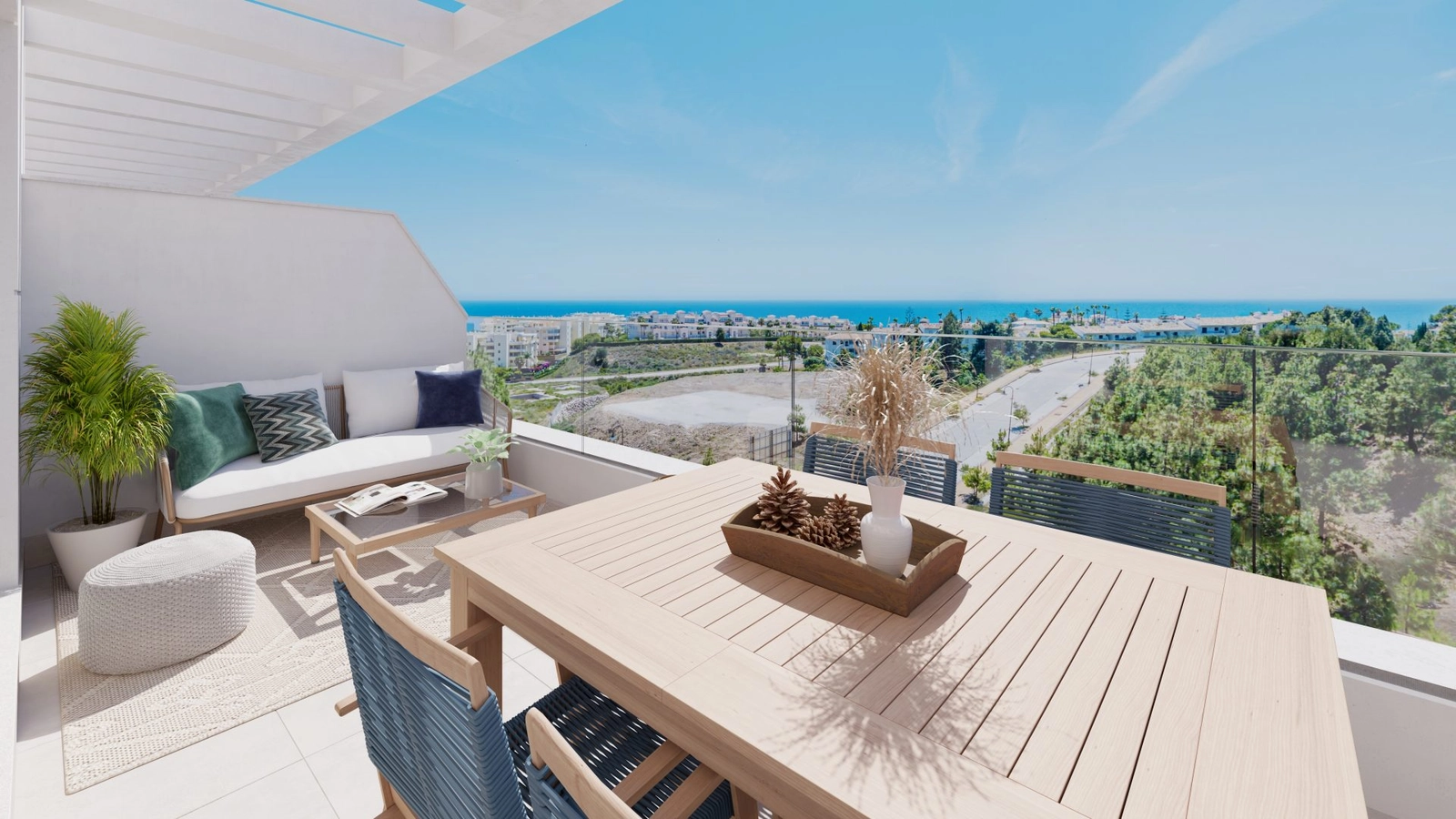 Rummelige terrasser designet til udendørs spisning og afslapning i Costa del Sols solskin.