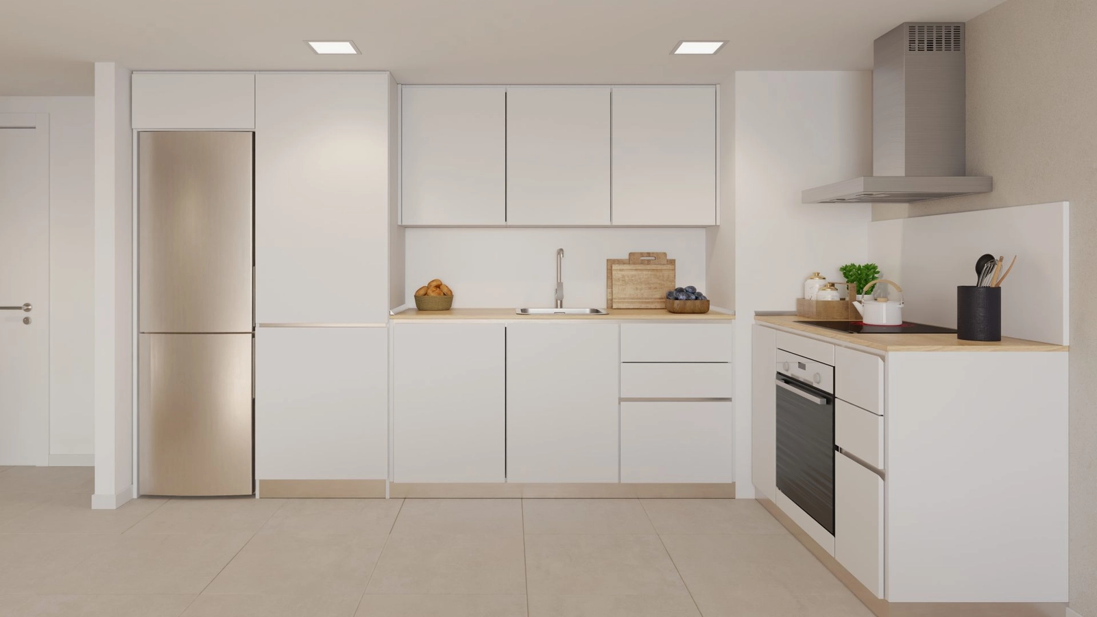 Moderne, fuldt udstyret køkken med hårde hvidevarer af høj kvalitet og rene, moderne linjer.