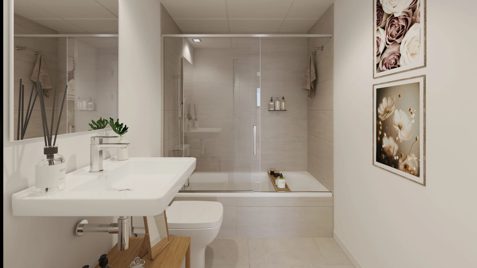 Det velindrettede andet badeværelse, der kombinerer funktionalitet med en moderne æstetik.