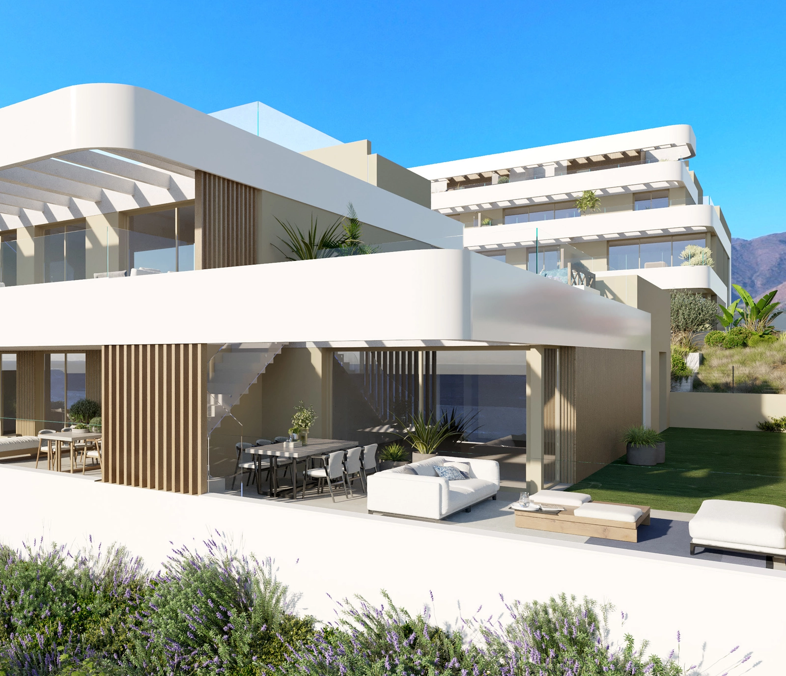 Moderne arkitektur med elegante linjer, designet til at blende ind i de naturlige omgivelser og maksimere komforten.