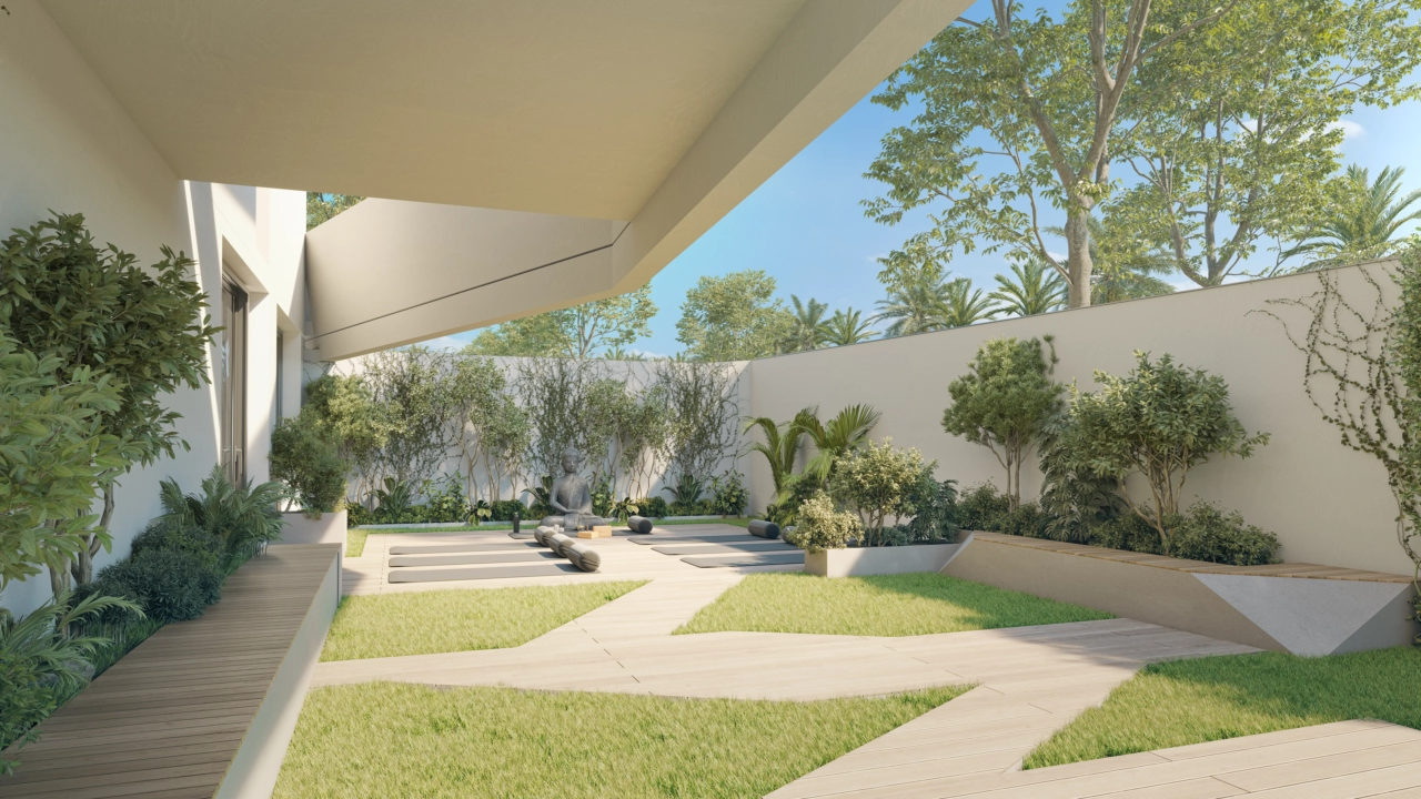 Find din balance og ro i den dedikerede udendørs mindfulness- og yoga zone, omgivet af grønne områder.