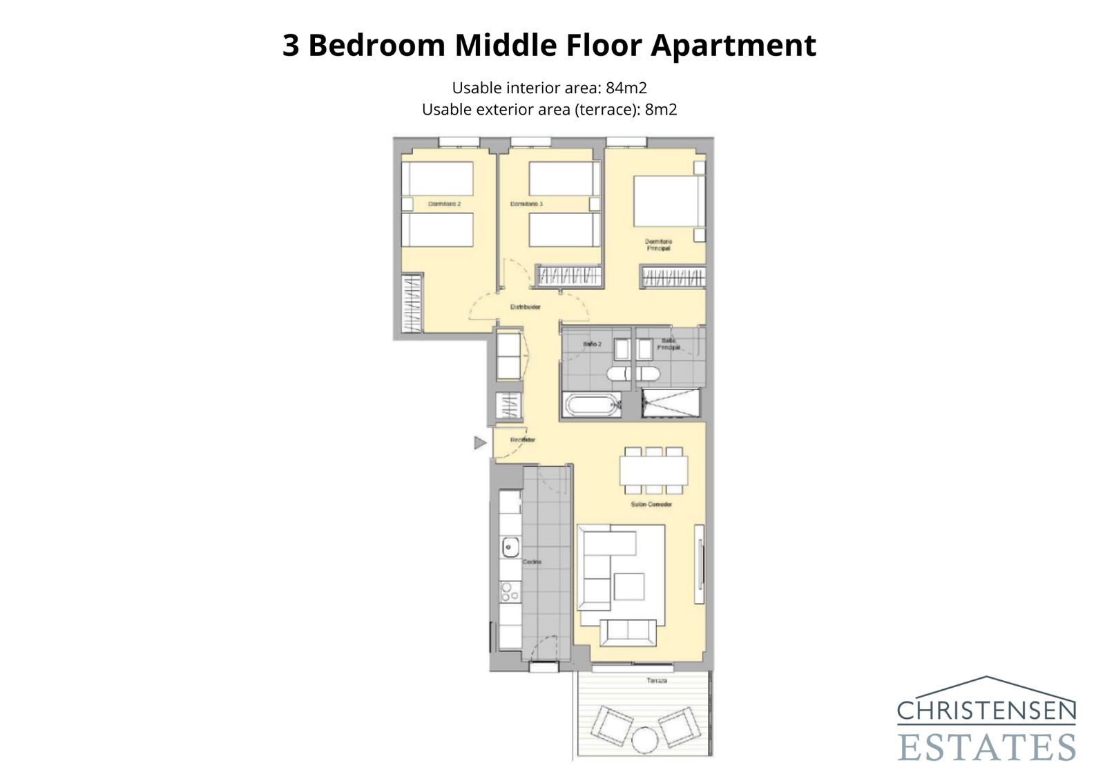 Tre-værelses lejlighed – Et familievenligt design med tydelig adskillelse mellem opholds- og soveområder for komfort og privatliv.